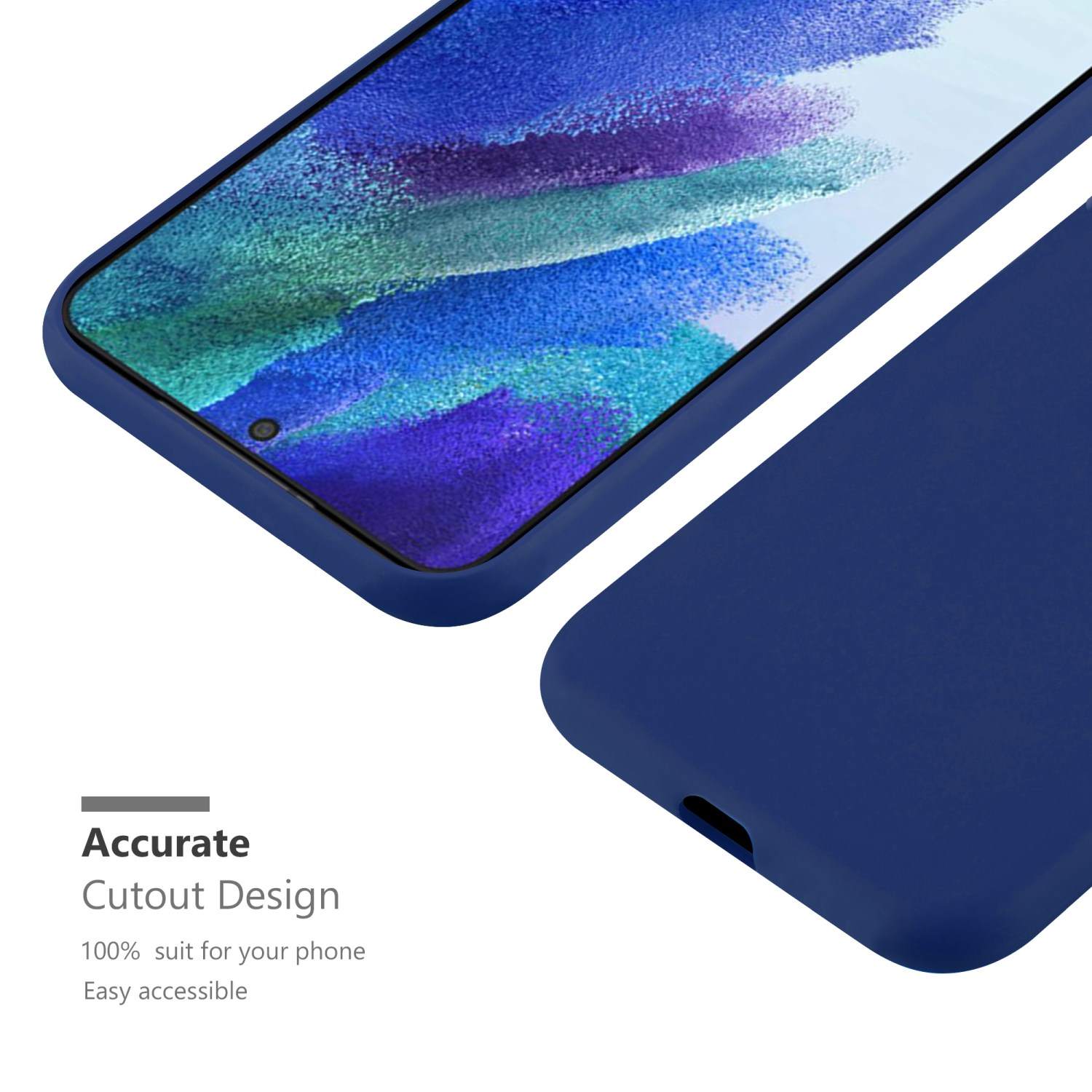 Dunkelblaue Handyhülle, ein Telefon darauf, mit Text: Präzises Ausschnittdesign.