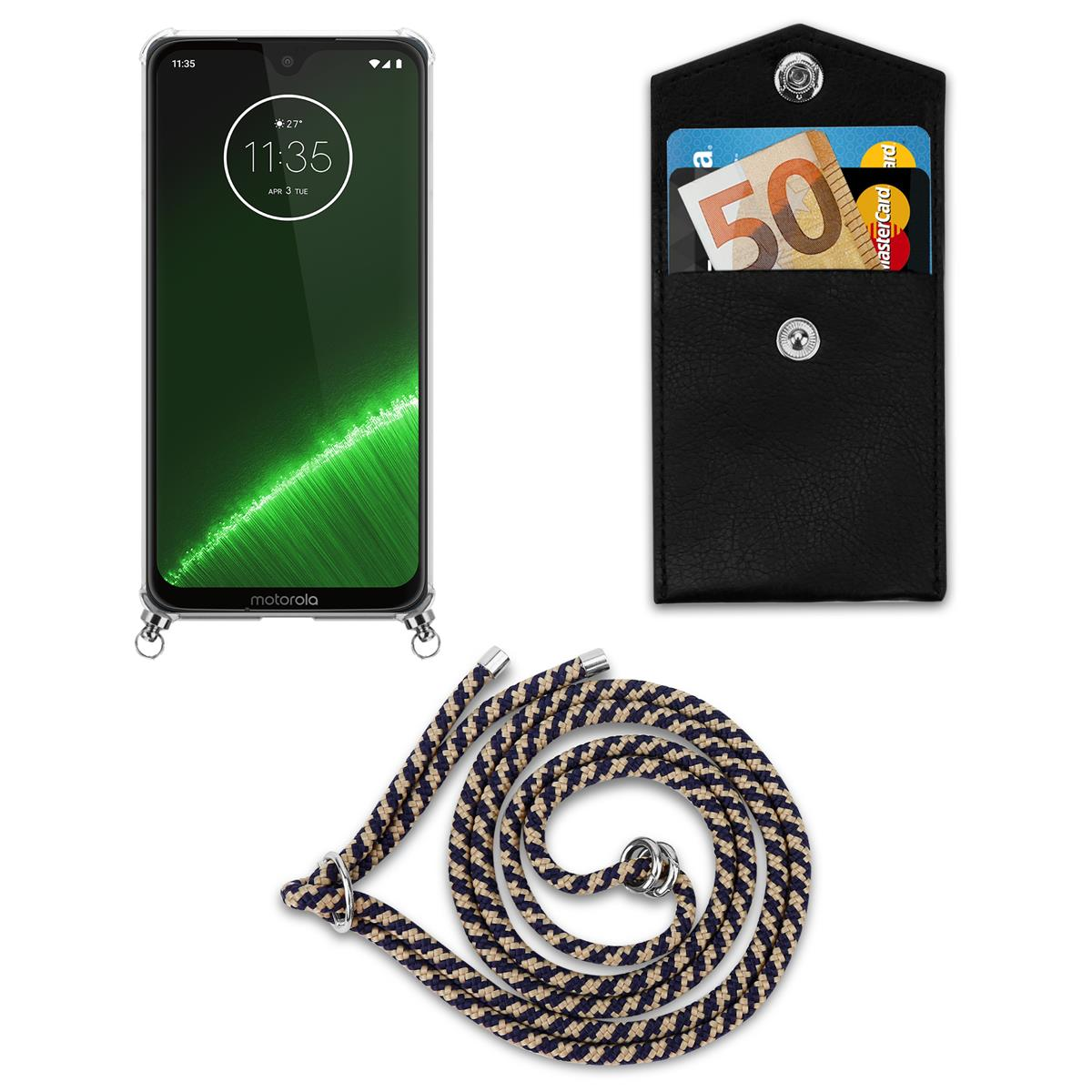 Smartphone, Geldbörse und Seil. Das Telefondisplay zeigt 11:35. Die Geldbörse enthält Karten. Das Seil ist schwarz und beige.
