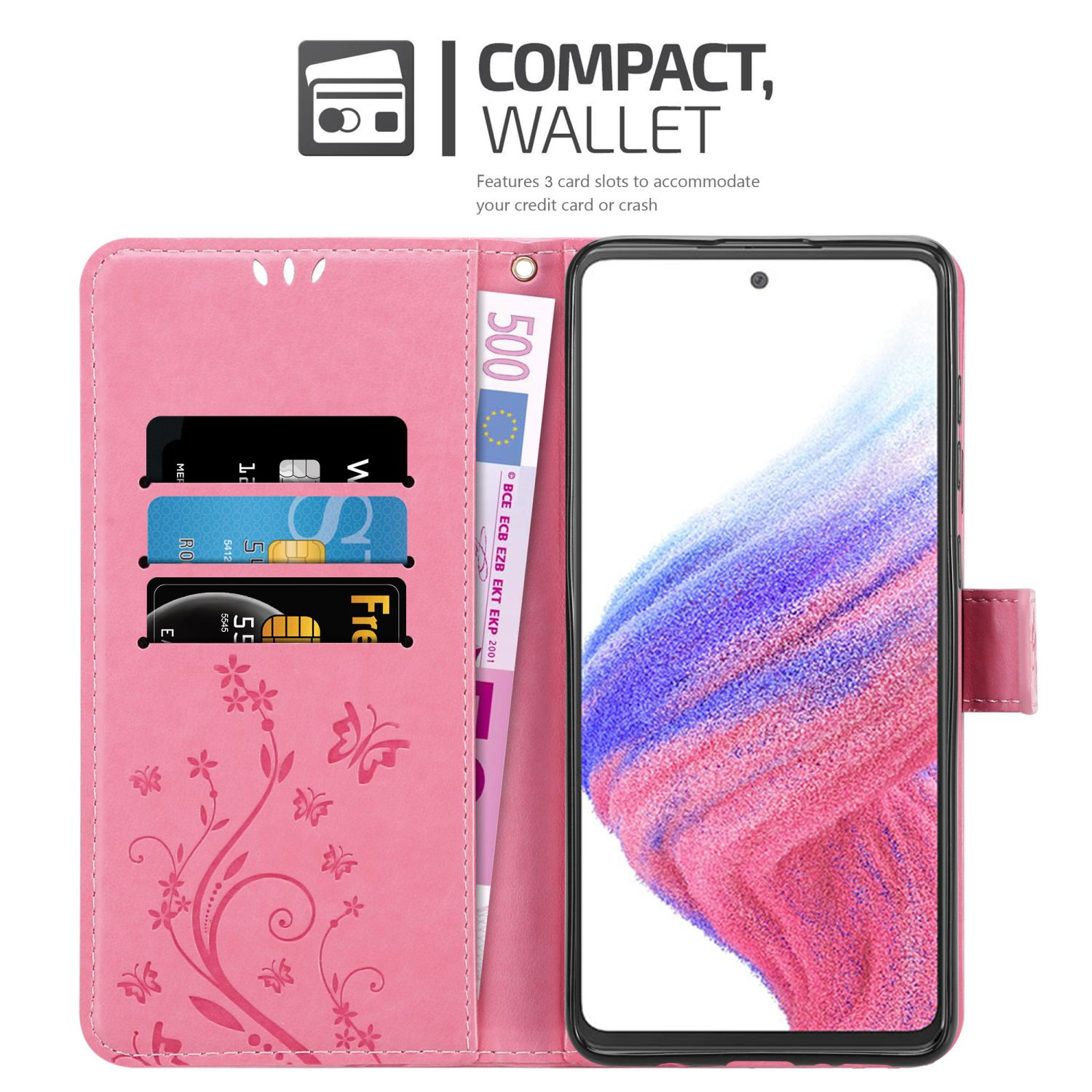 Custodia rosa con carte, banconota da 500 euro e telefono.