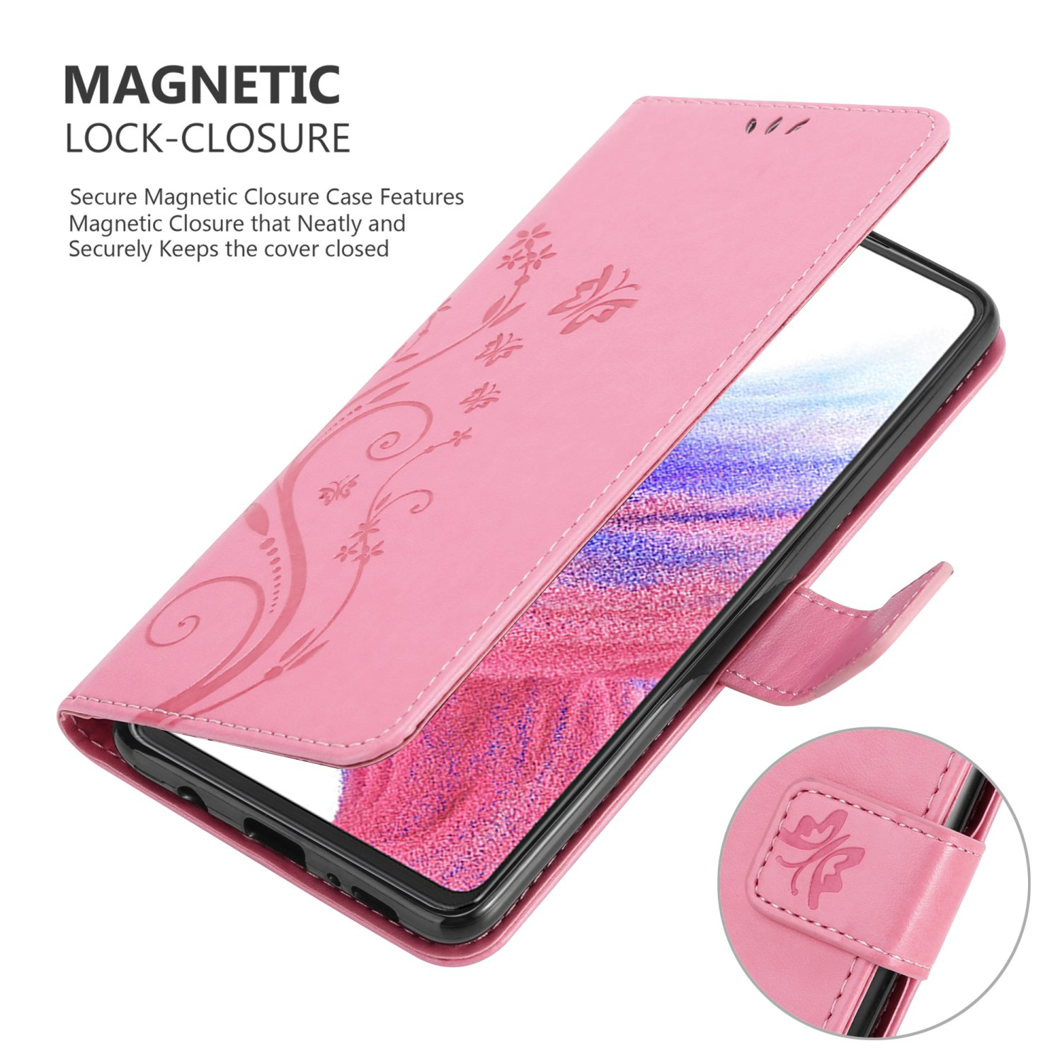 Custodia per telefono rosa con design floreale e chiusura magnetica. Telefono dentro, cover aperta.