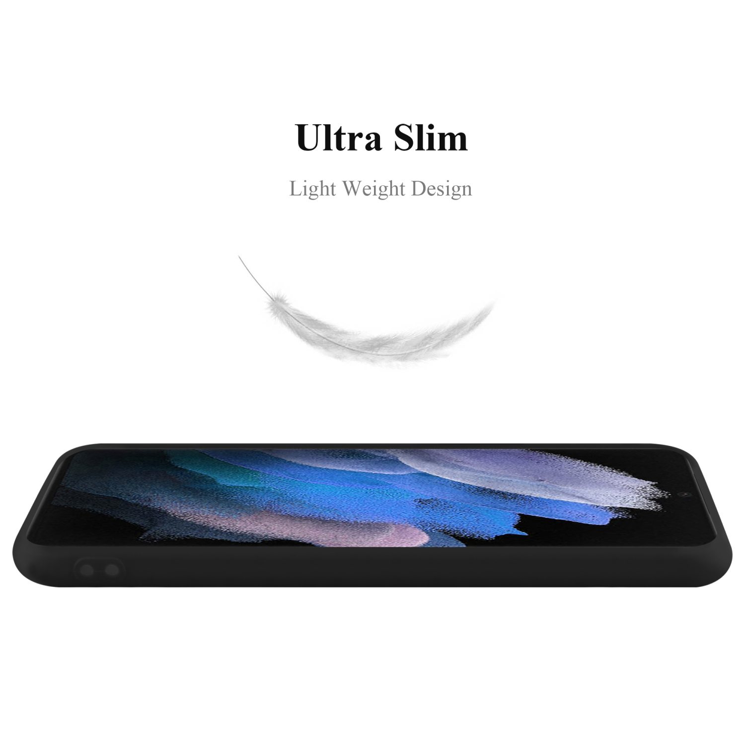 Vista laterale della custodia nera, con grafica di piuma. Testo: 'Ultra Slim Light Weight Design'.