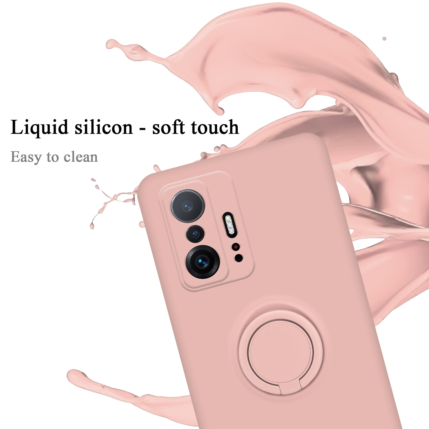 Custodia per telefono rosa con anello. Spruzzo rosa sullo sfondo. Testo: Silicone liquido - soft touch e facile da pulire.