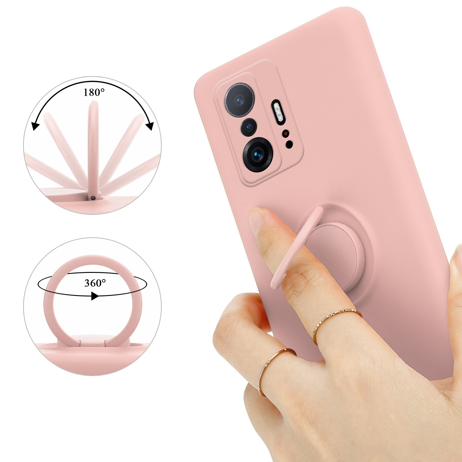 Custodia per telefono rosa con anello di supporto e l'anello viene utilizzato da una mano.