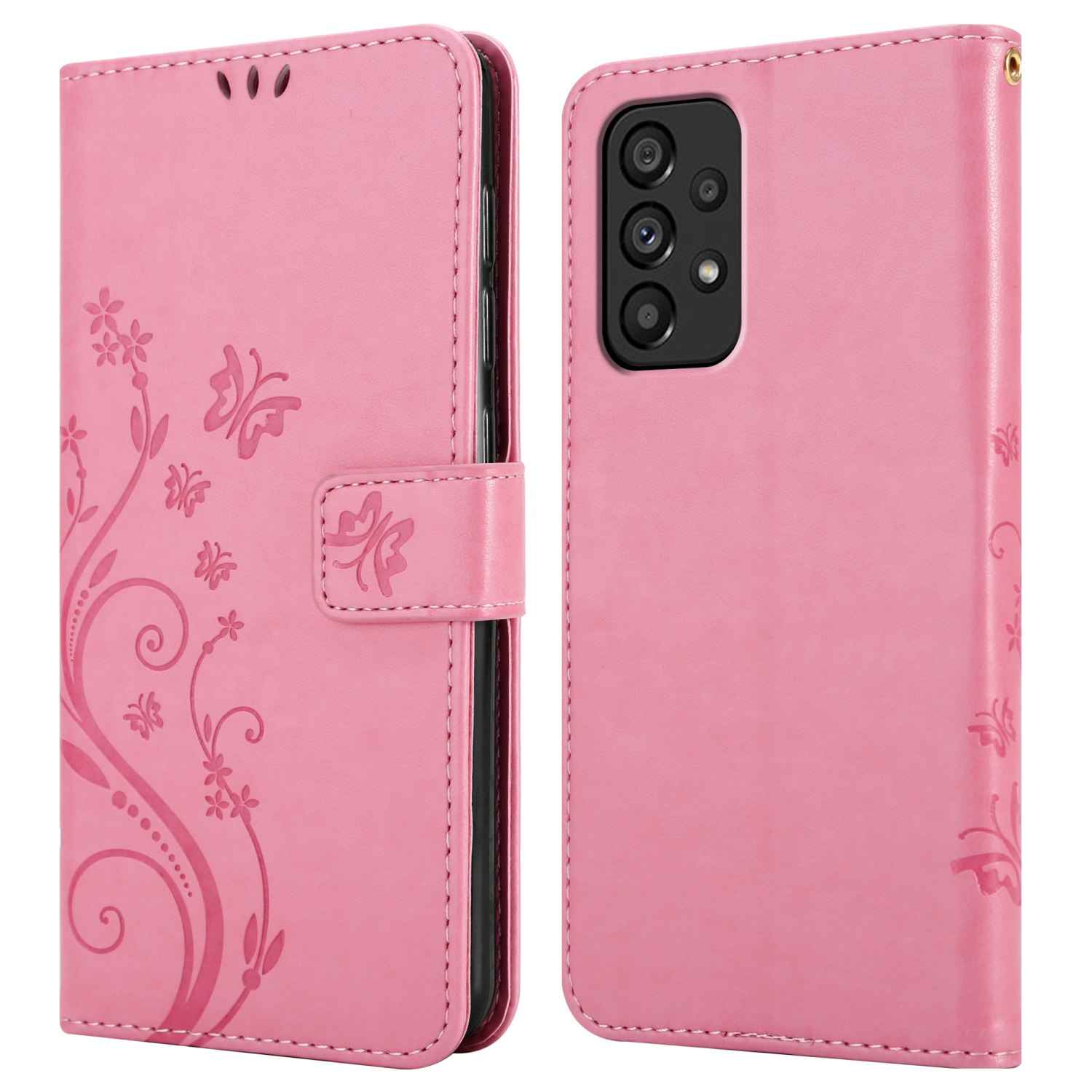 Custodia rosa per telefono, con un telefono. Design dettagliato e fiori. Sfondo bianco.
