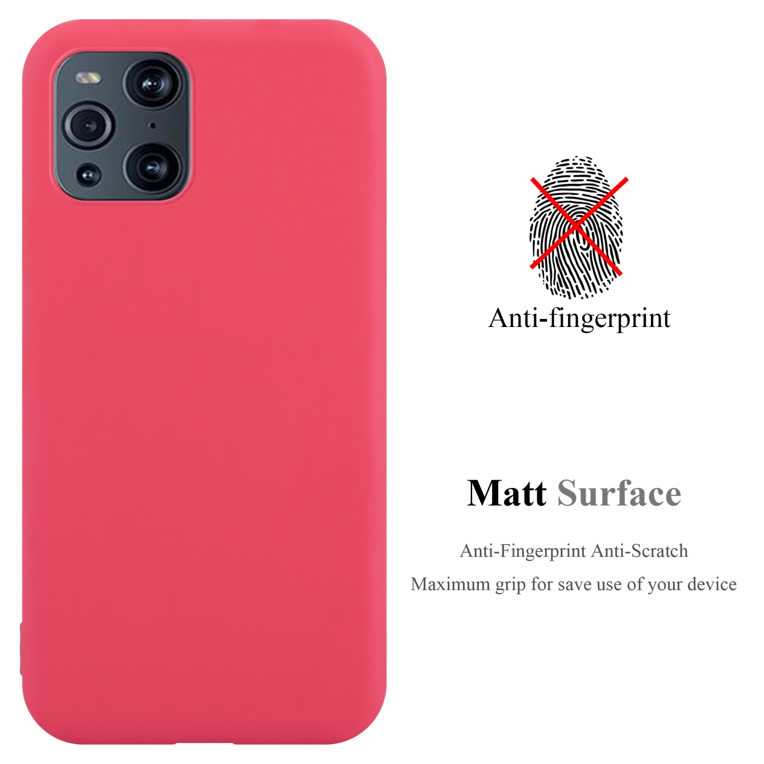 Custodia rossa per telefono con fotocamera. Anti-impronte e superficie opaca. Testo: Anti-impronte Anti-graffio.