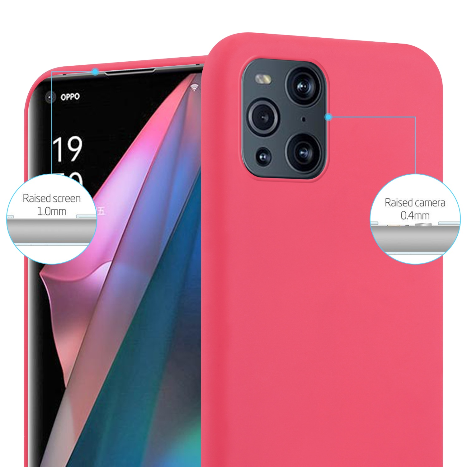 Custodia per telefono rosa con protezione per fotocamera e schermo rosa. Primo piano della custodia del telefono.