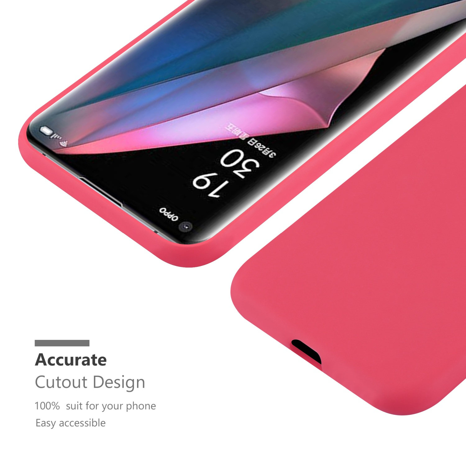 Custodia rosa con telefono visibile. Primo piano sul telefono. Testo: Design ritaglio preciso.