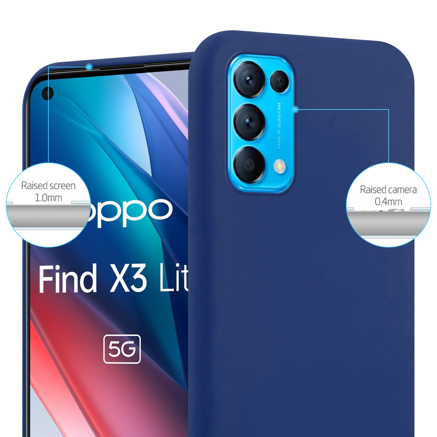 Una custodia blu navy con un telefono all'interno, lo schermo e la fotocamera sono evidenziati con misure.