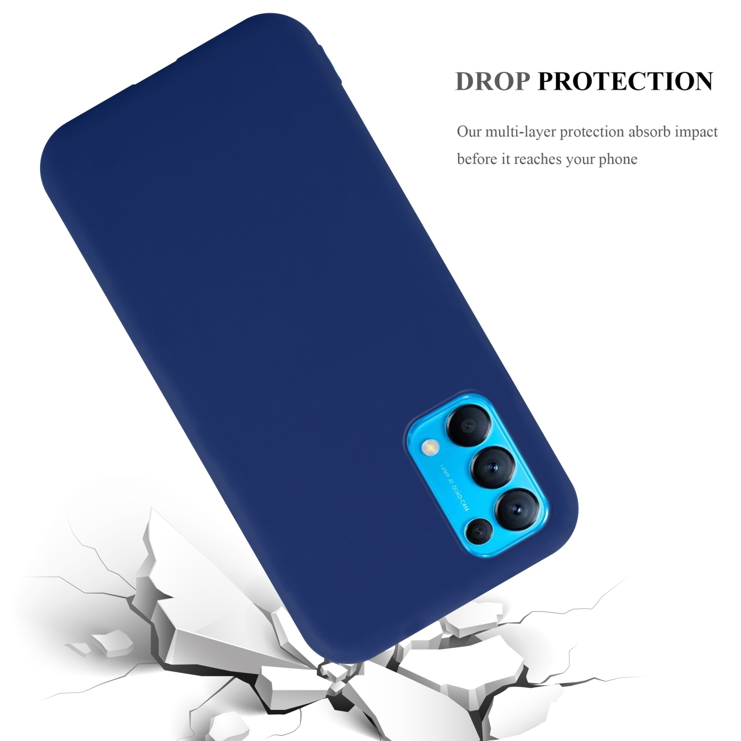Custodia blu per telefono che cade su una superficie incrinata. Mostra la protezione dalle cadute, la custodia è per l'impatto.