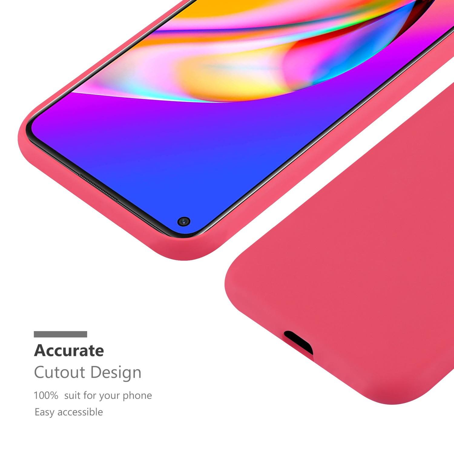 Rote Handyhülle mit Telefon darin. Text: Präzises Ausschnittdesign. Einfacher Zugriff.