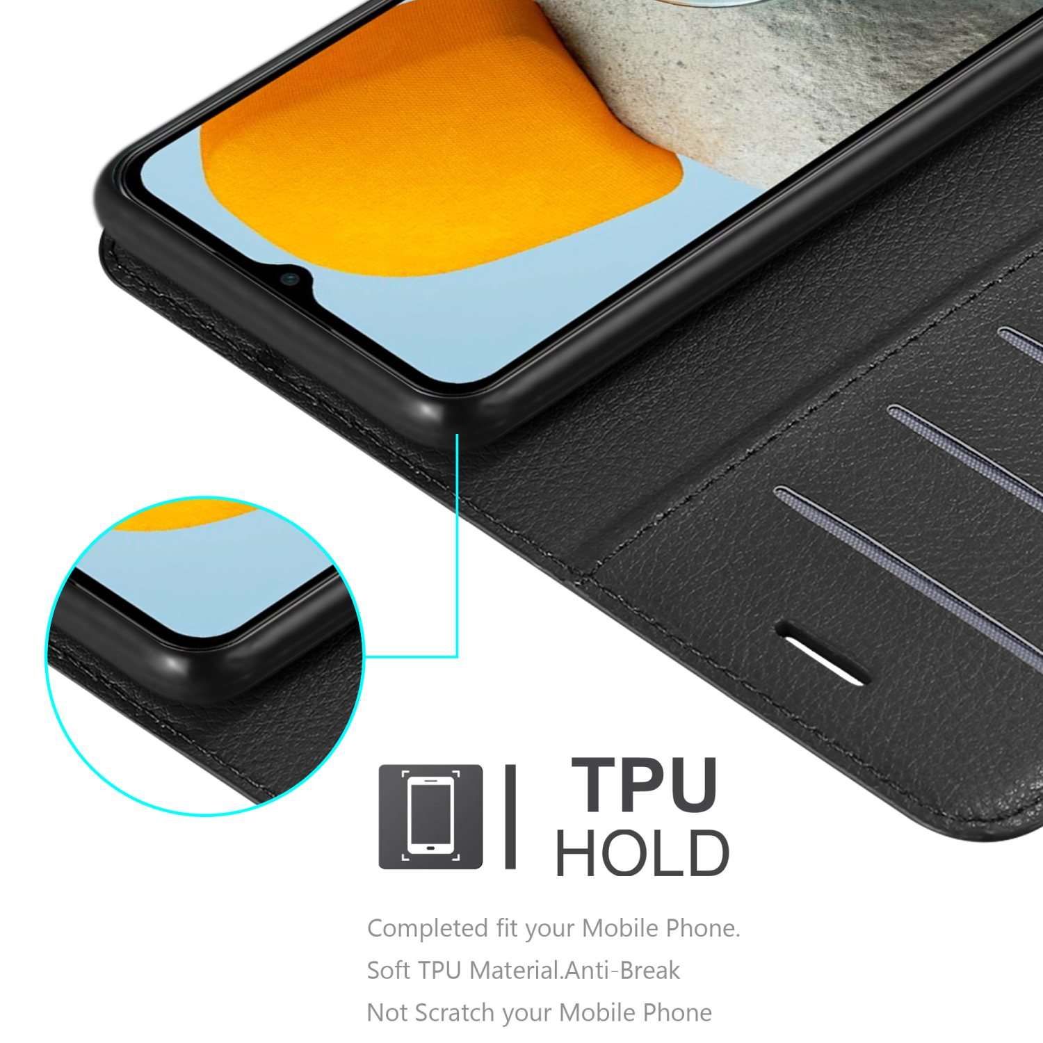 Telefono nero in custodia nera aperta. Testo: Supporto TPU. Vestibilità perfetta.