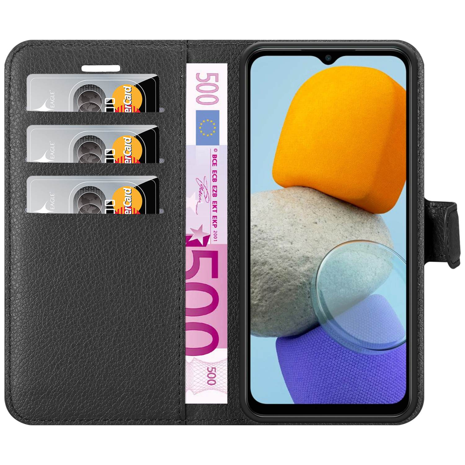 Custodia per telefono nera con fessure per carte e telefono. Contiene carte e una banconota da 500 euro.