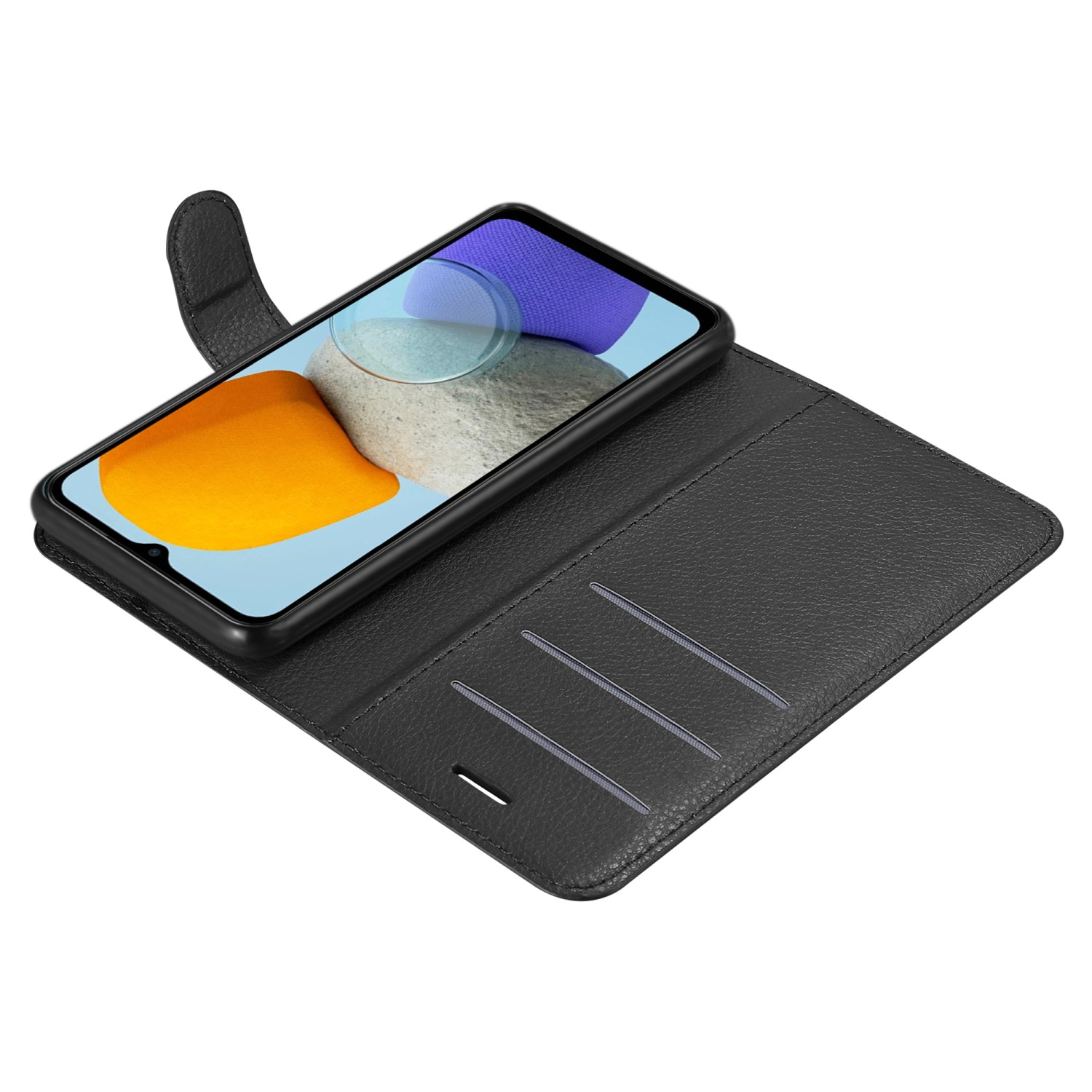 Custodia per telefono nera aperta con telefono all'interno. Telefono su supporto, schermo colorato.
