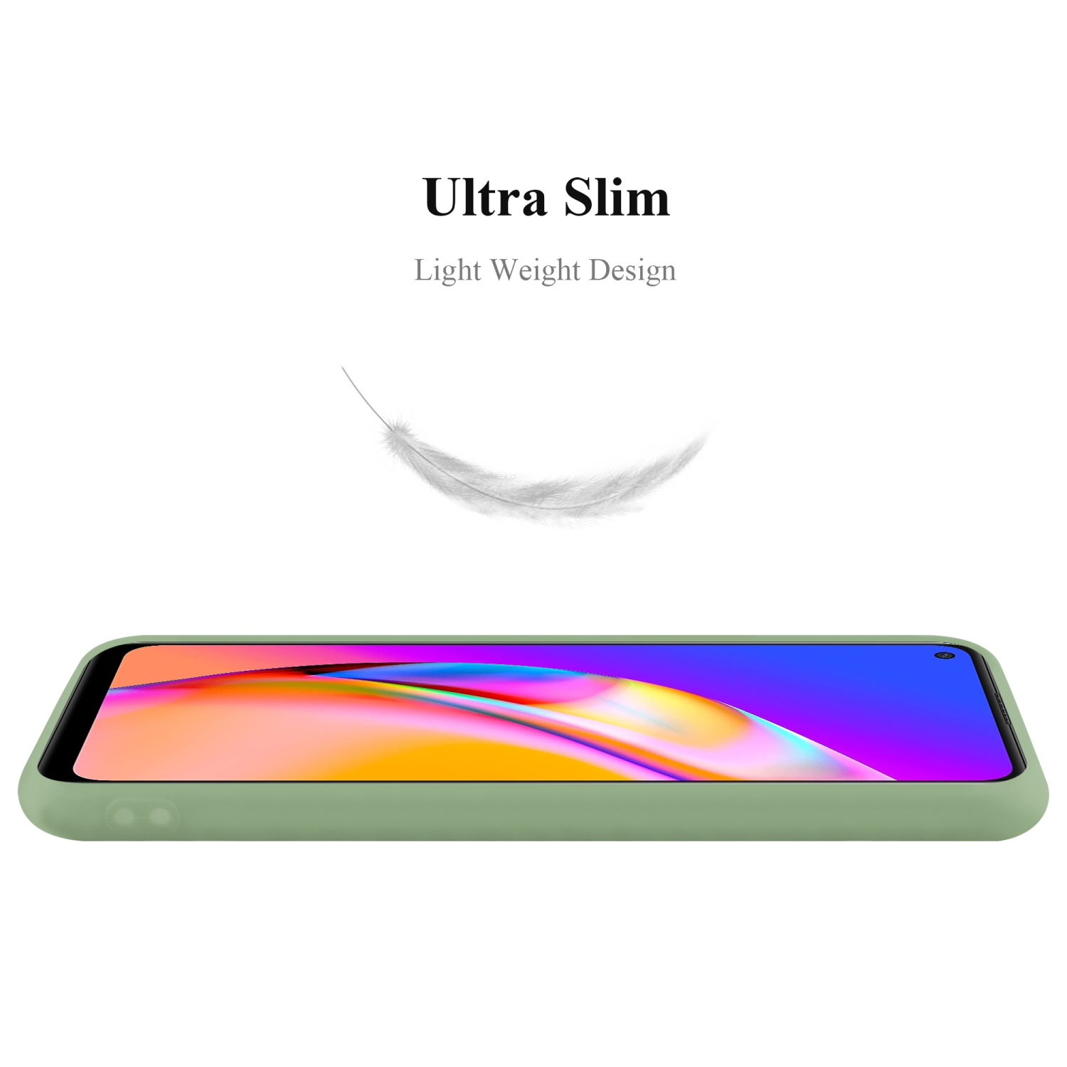 Hellgrüne Handyhülle, Seitenansicht. Text: 'Ultra Slim Light Weight Design' mit Feder.