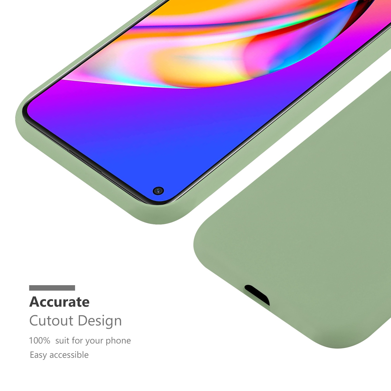 Grüne Handyhülle mit Telefon, Text: "Accurate Cutout Design, 100% suit for your phone, Easy accessible".