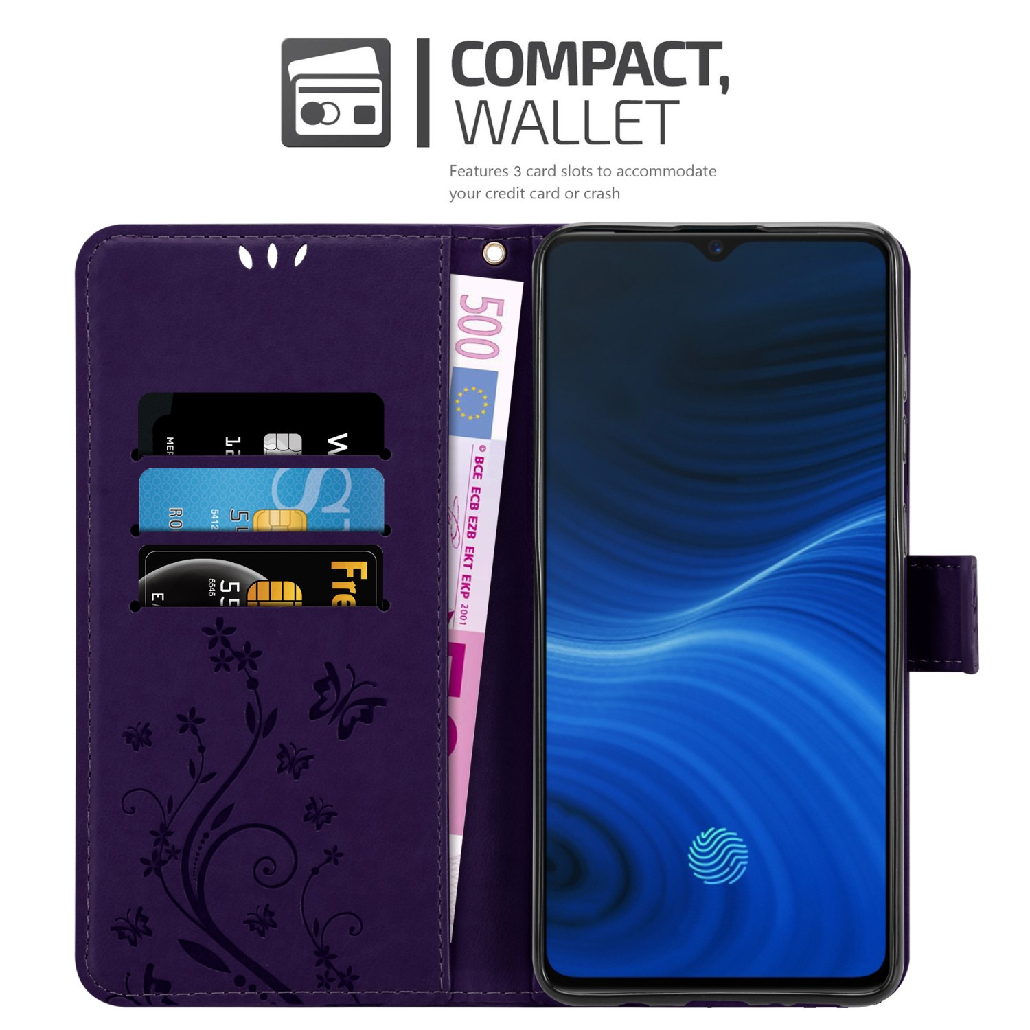 Una custodia a portafoglio viola con scomparti per carte e una banconota in euro. Presenta un design floreale.