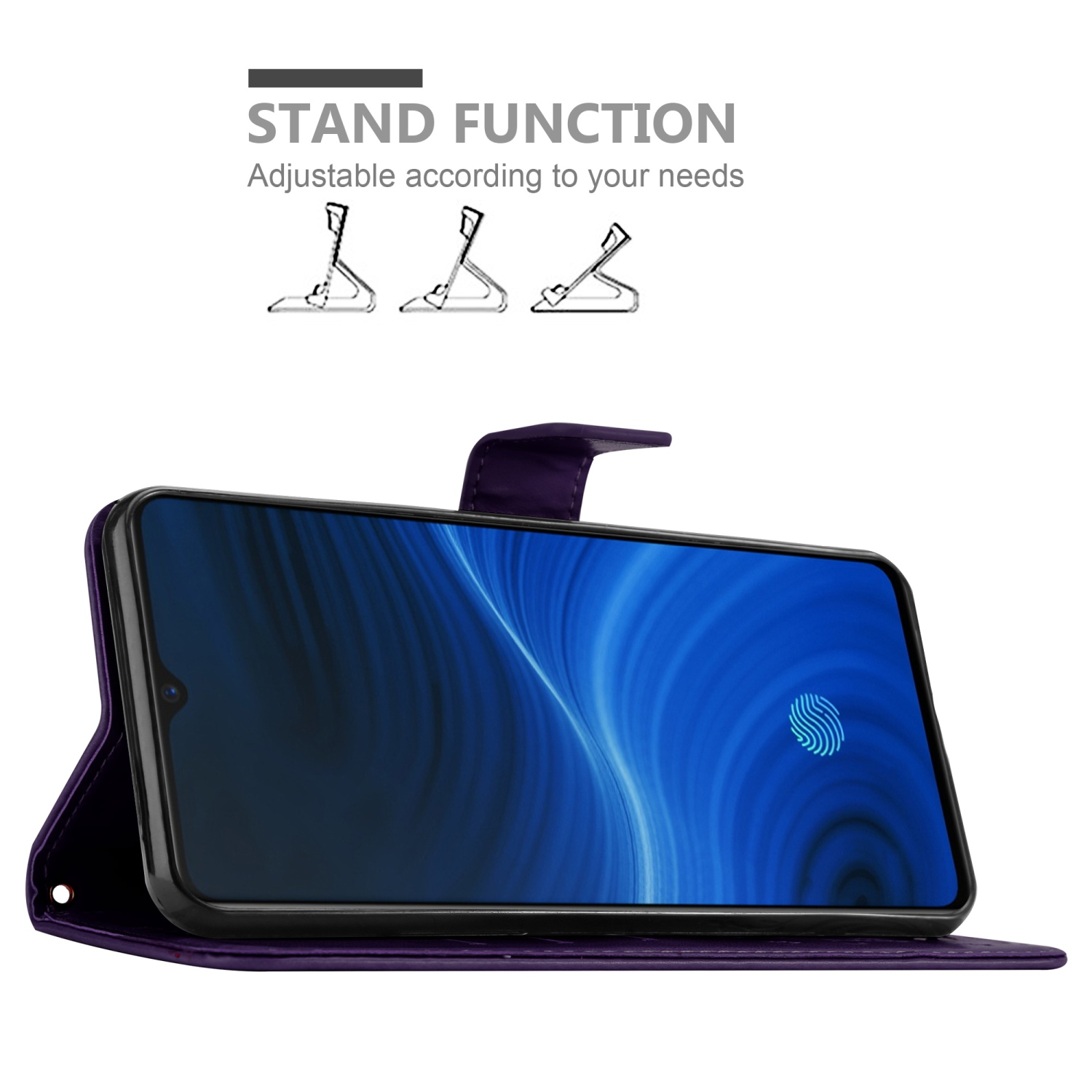 Custodia per telefono viola, aperta, con telefono all'interno. Testo: Funzione supporto. Grafica di diverse posizioni.