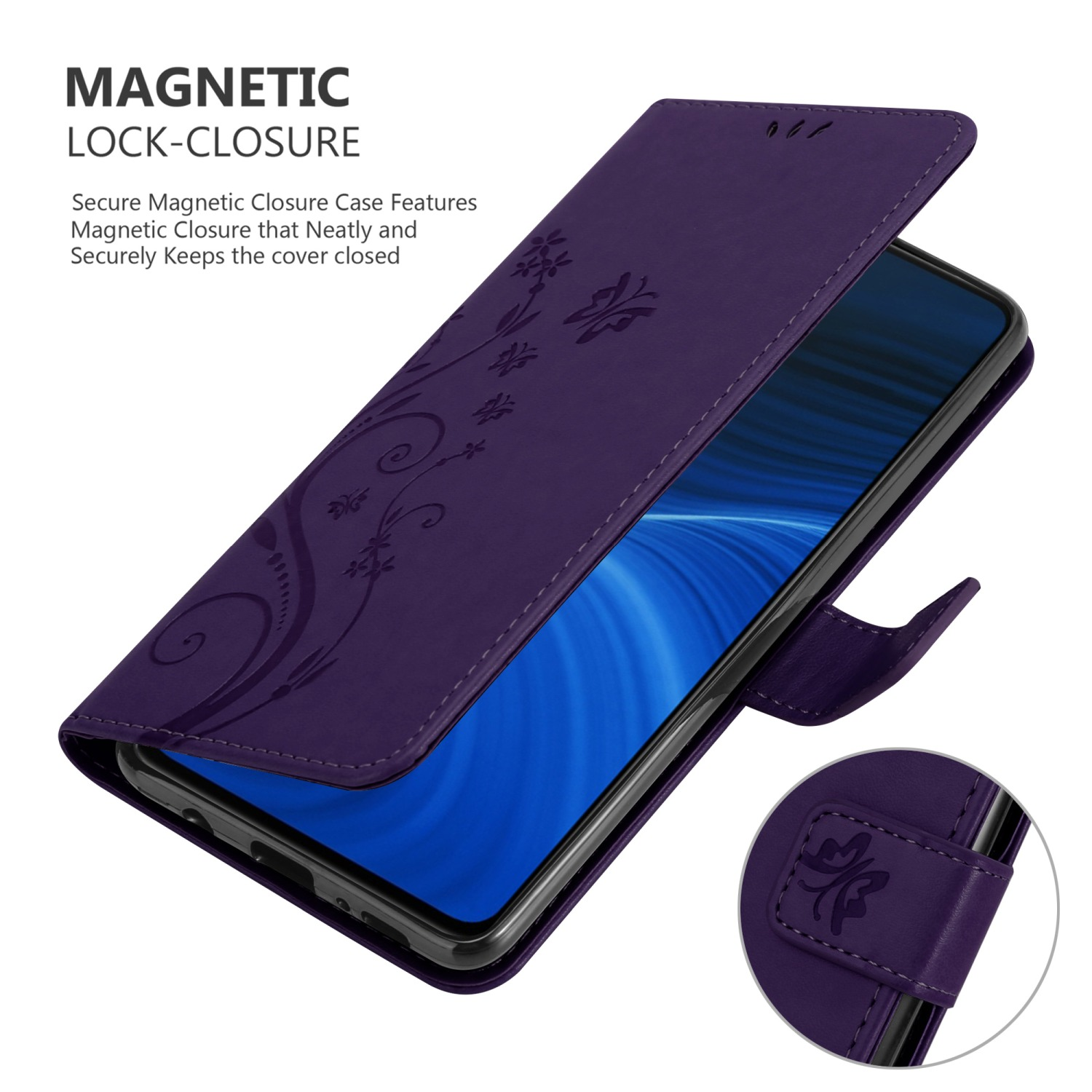 Custodia per telefono viola, aperta, che mostra un telefono. Design floreale sulla cover. Testo: MAGNETIC LOCK-CLOSURE.