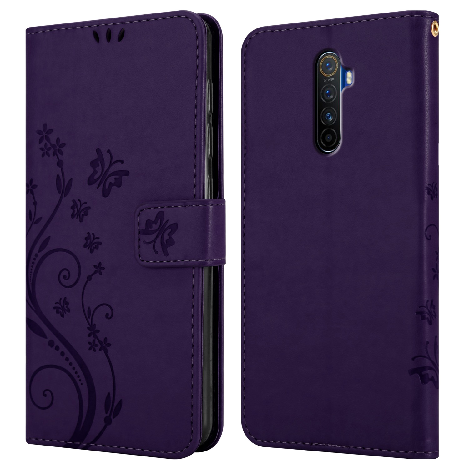 Una custodia viola per telefono è aperta, mostrando un telefono. La custodia ha un motivo floreale e una chiusura magnetica.
