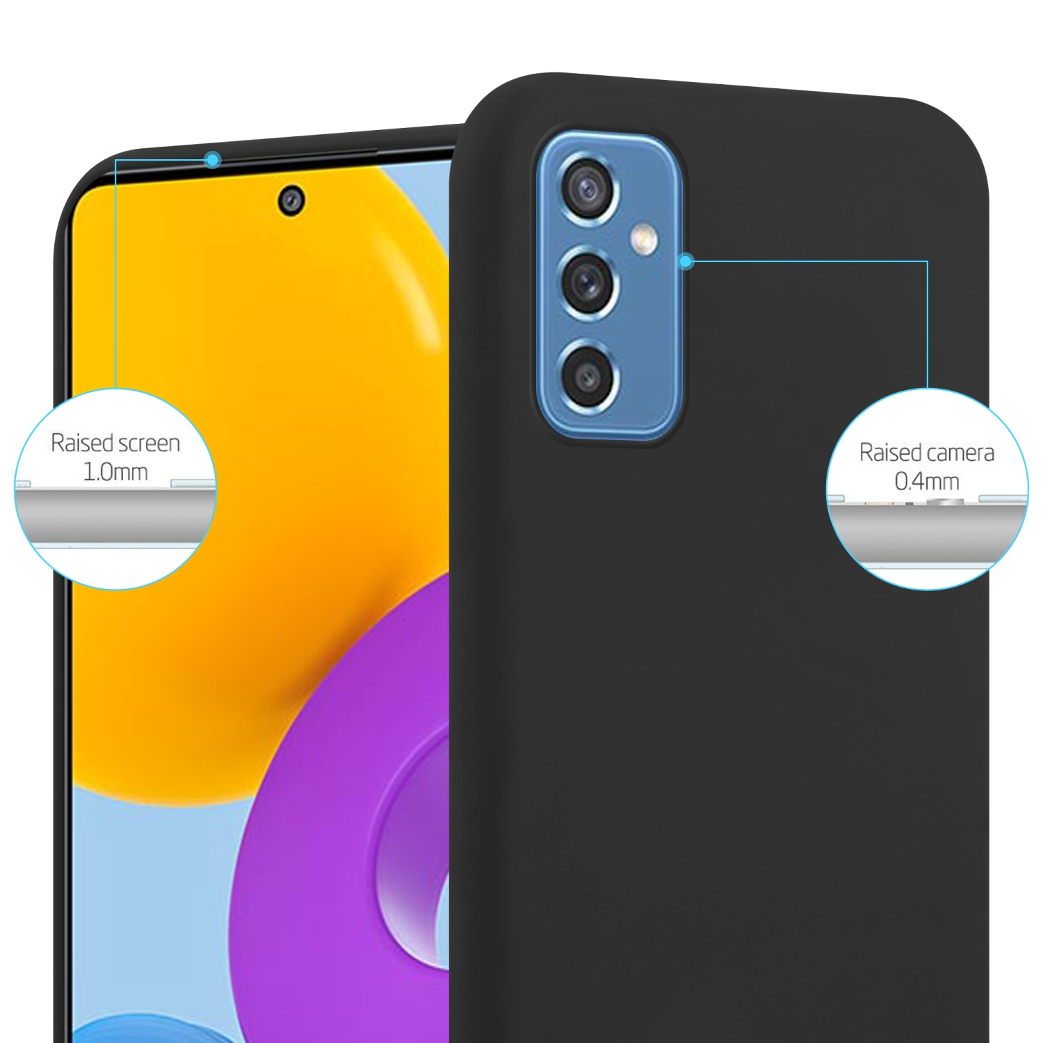 Una custodia per telefono nera con un telefono all'interno. La custodia ha protezione dello schermo e della fotocamera rialzata.