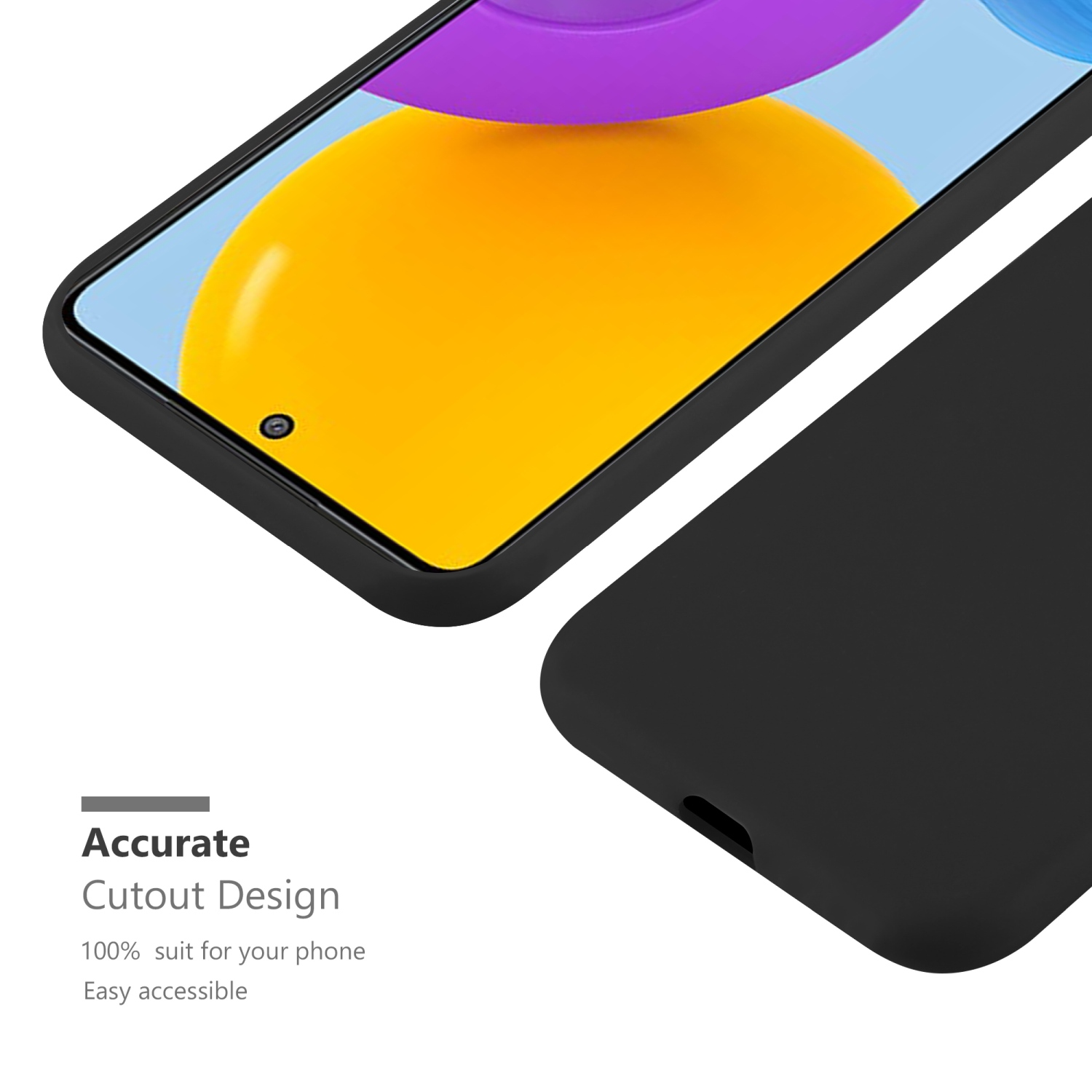 Custodia per telefono nera con un telefono che mostra un'immagine colorata. Il testo dice: Design di ritaglio accurato.