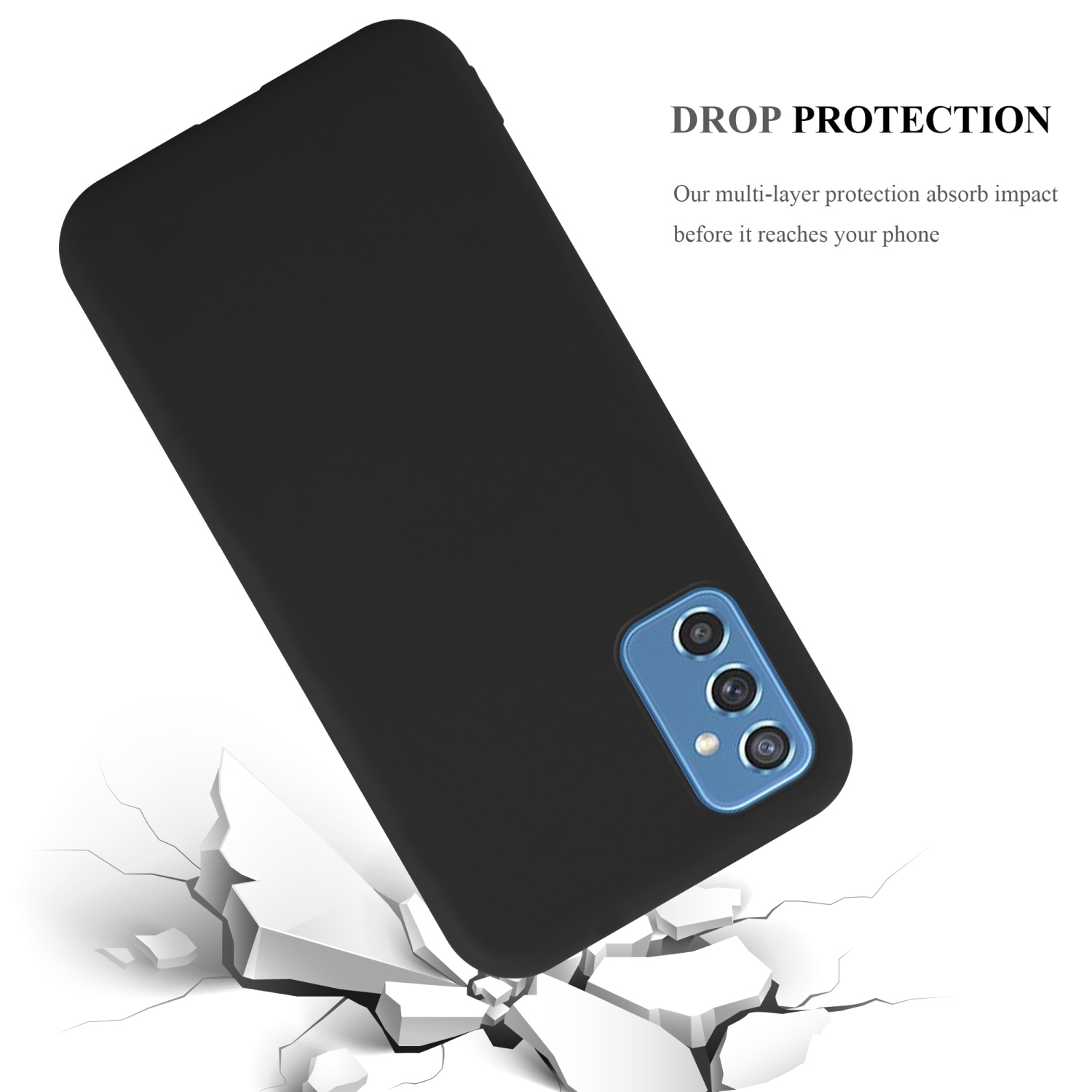 Custodia nera, angolata, con telefono. Testo: 'DROP PROTECTION'.