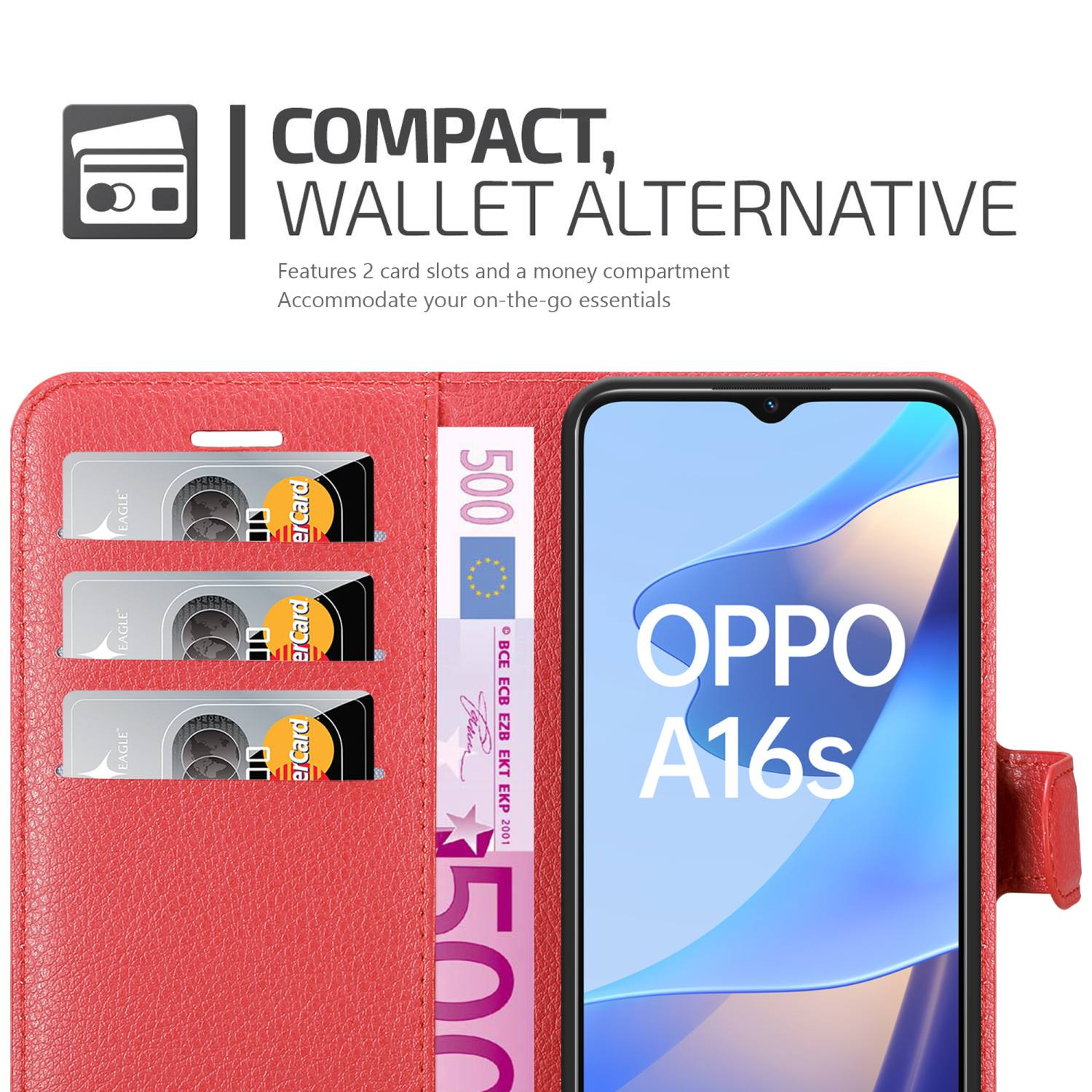 Rote Handyhülle im Brieftaschenstil mit einem Telefon. Das Telefon hat einen Bildschirm. Karten und Geld sind sichtbar.