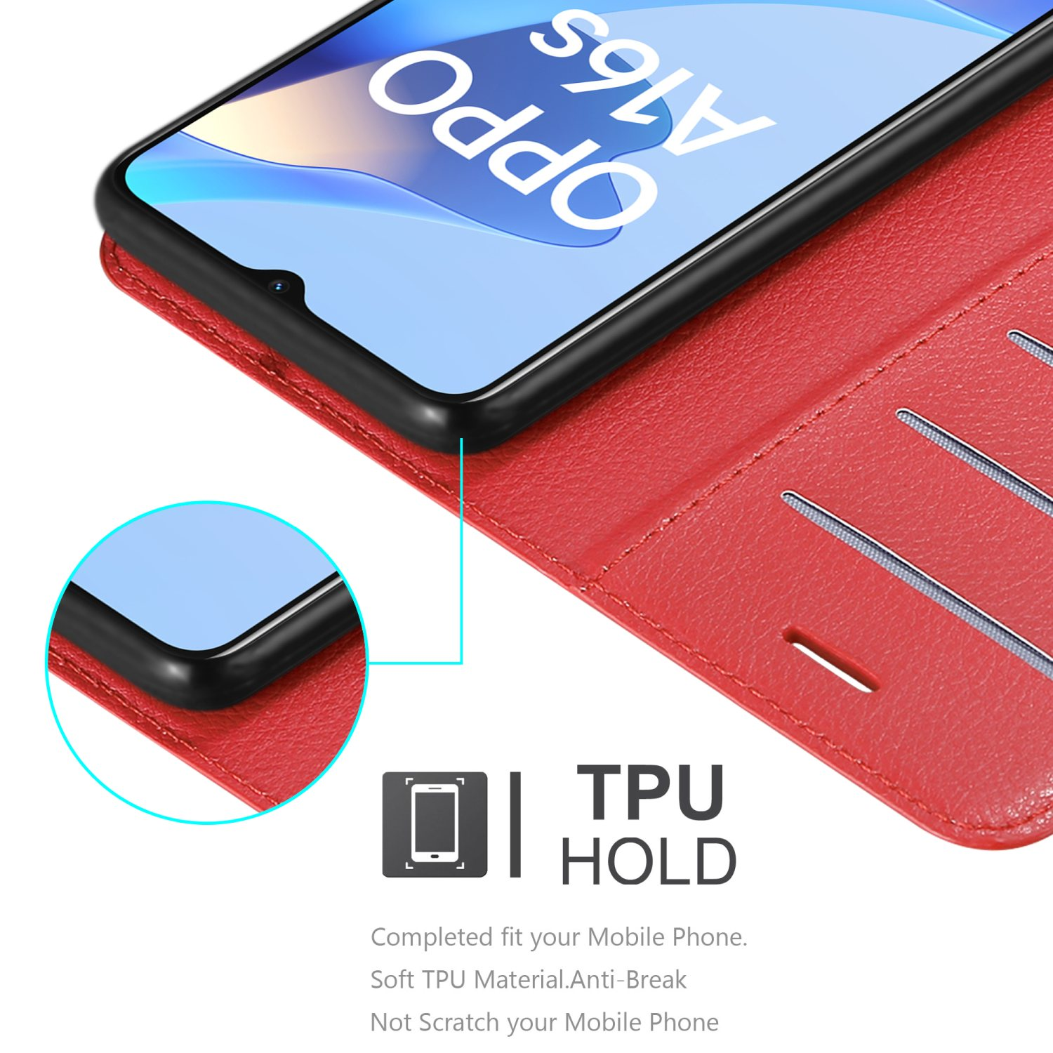 Rote Handyhülle geöffnet, zeigt den Bildschirm. Das Telefon zeigt OPPO A16s. Heller Hintergrund.