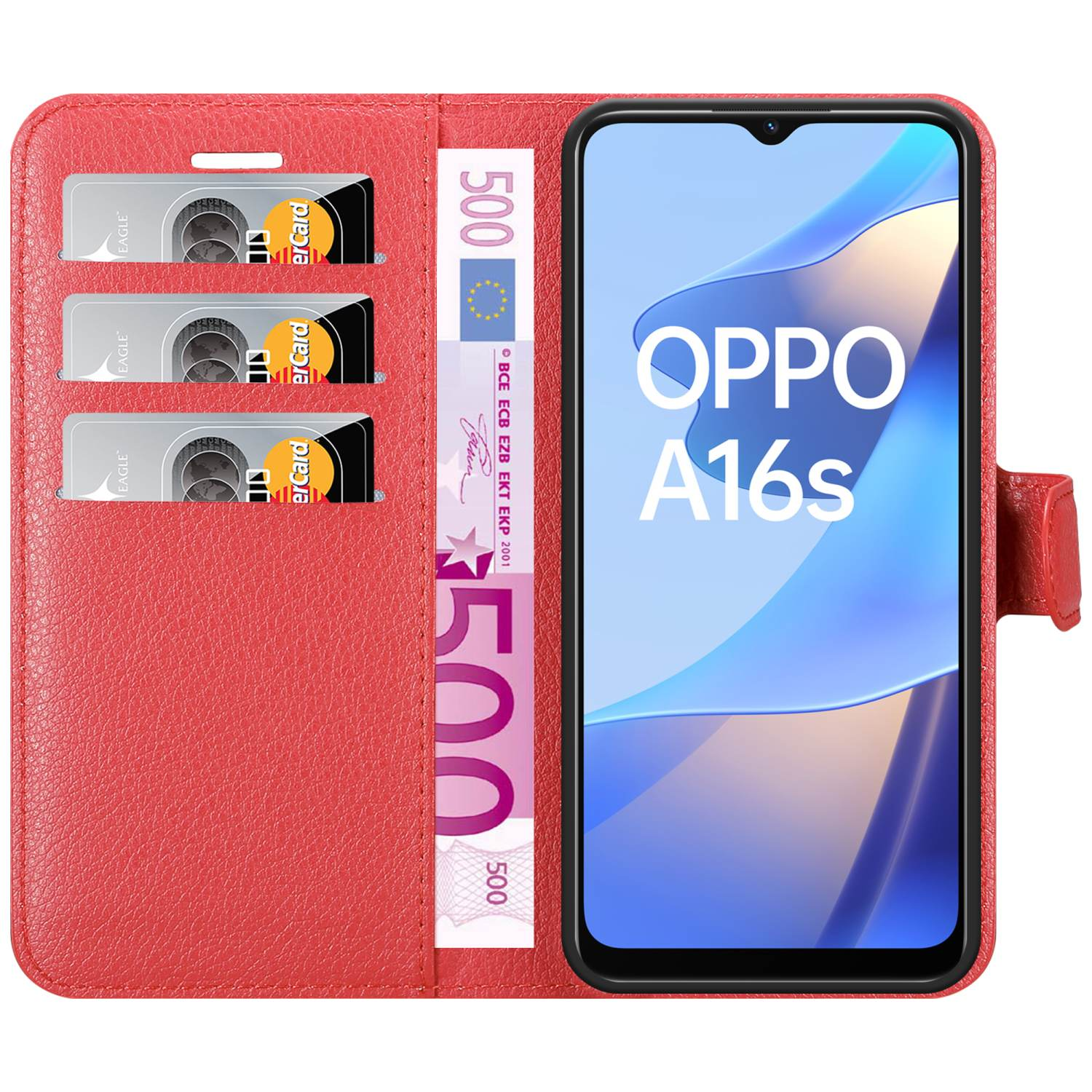 Rote Handyhülle geöffnet mit Kreditkarten, 500-Euro-Schein und Oppo A16s-Handy.