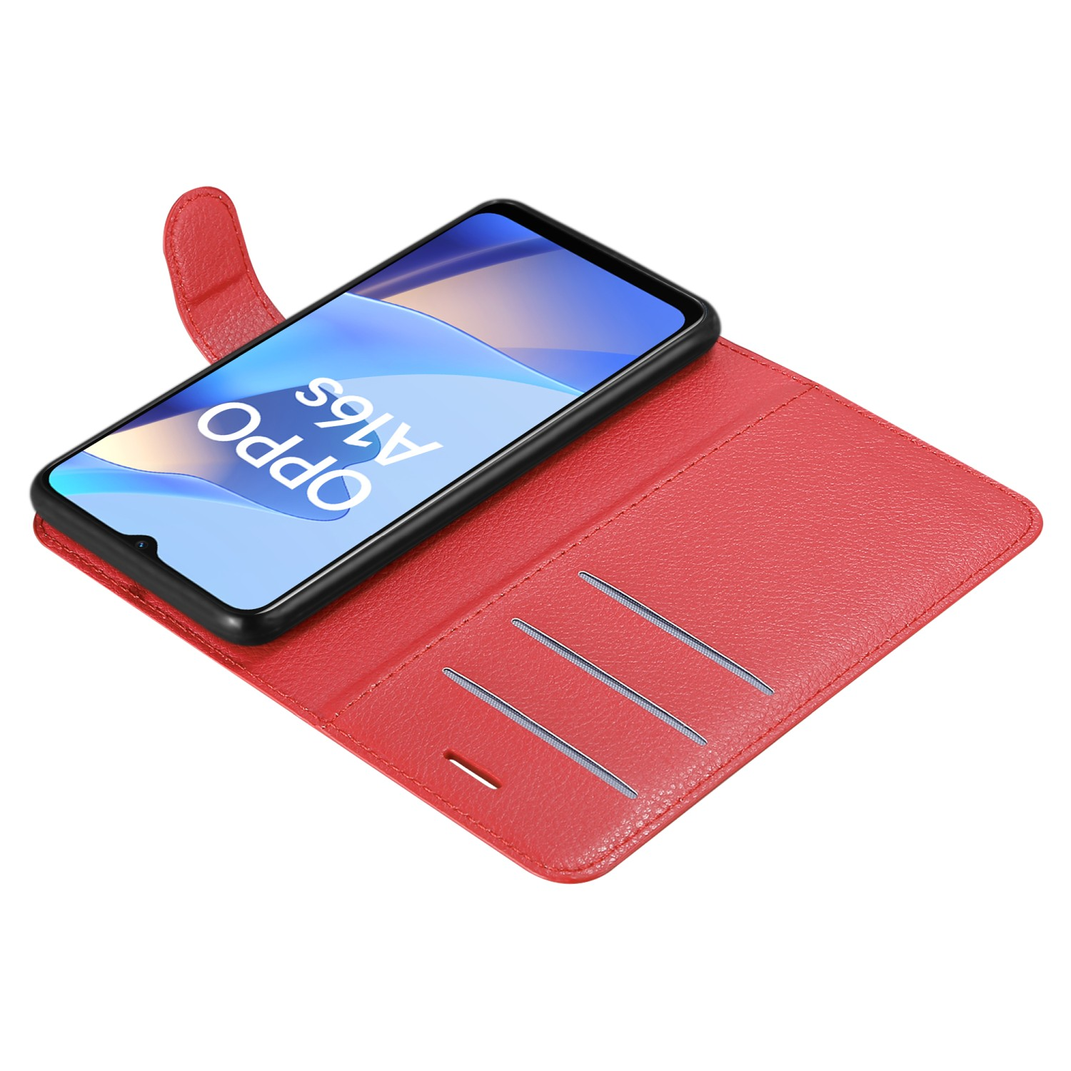 Rote Handyhülle mit Telefon. Auf dem Telefon steht 'OPPO A16S'.