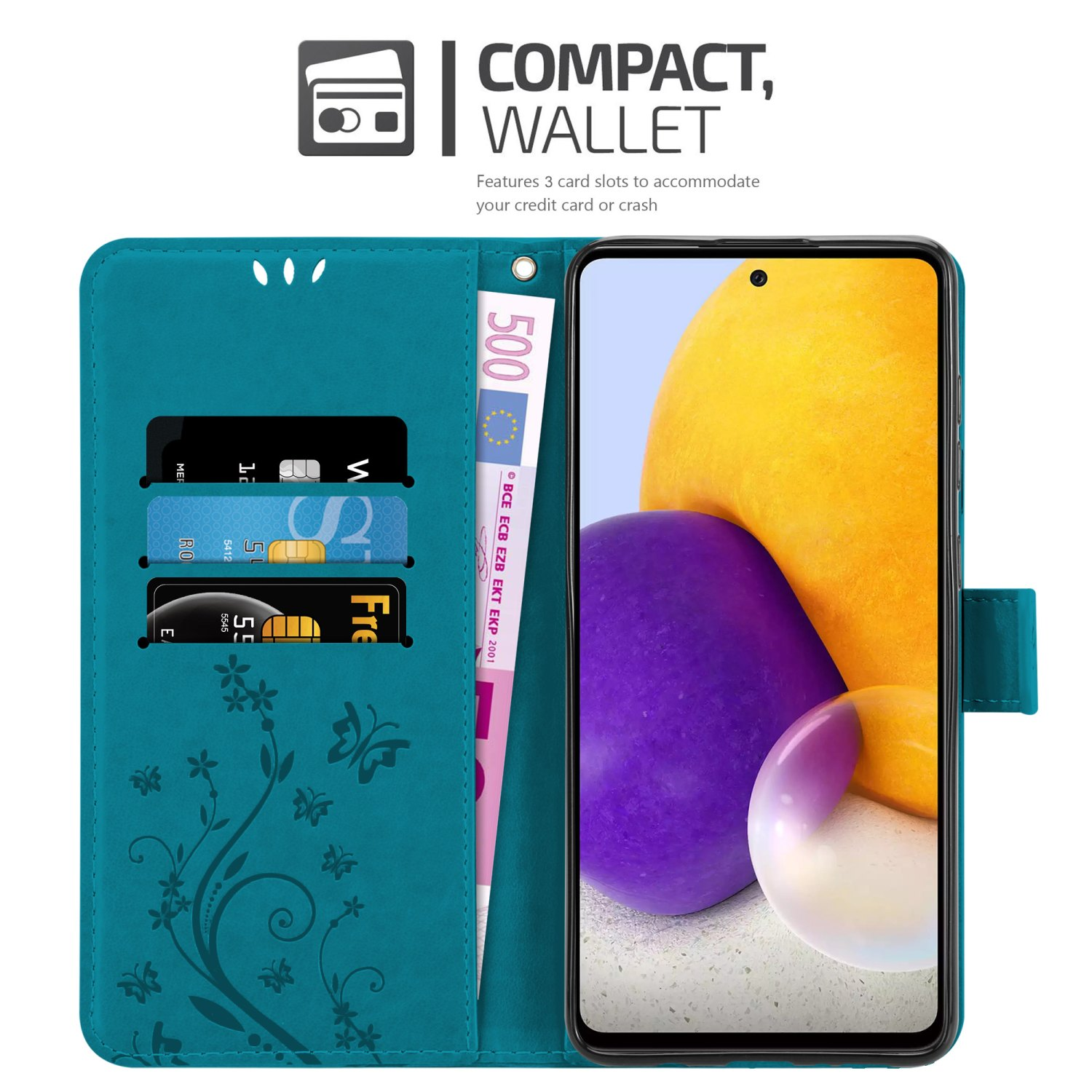 A73 BLAU Galaxy Case, Samsung, Hülle FLORAL 5G, Muster Flower CADORABO Bookcover, Blumen