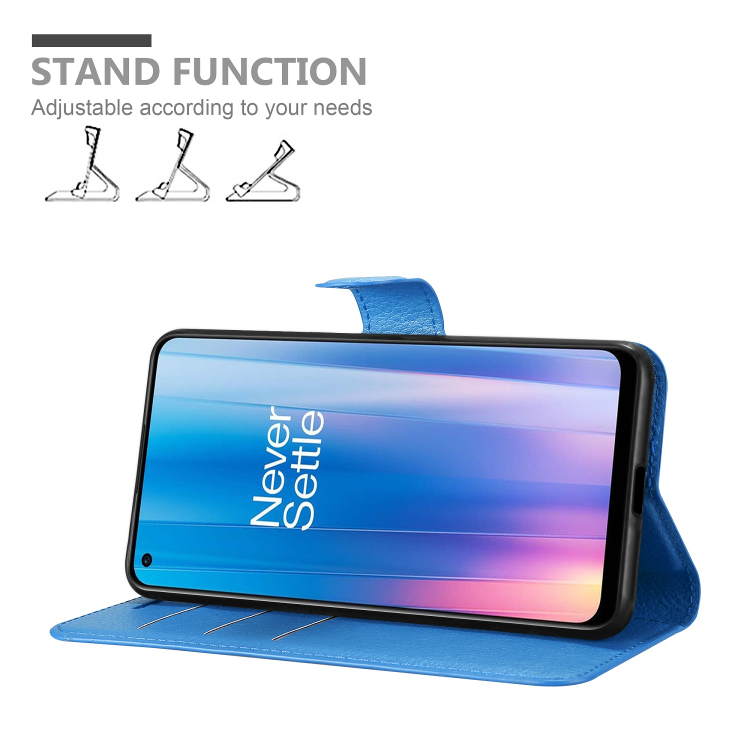 Custodia per telefono blu in funzione supporto. Un telefono è posizionato nella custodia. Vengono mostrate tre opzioni di supporto.