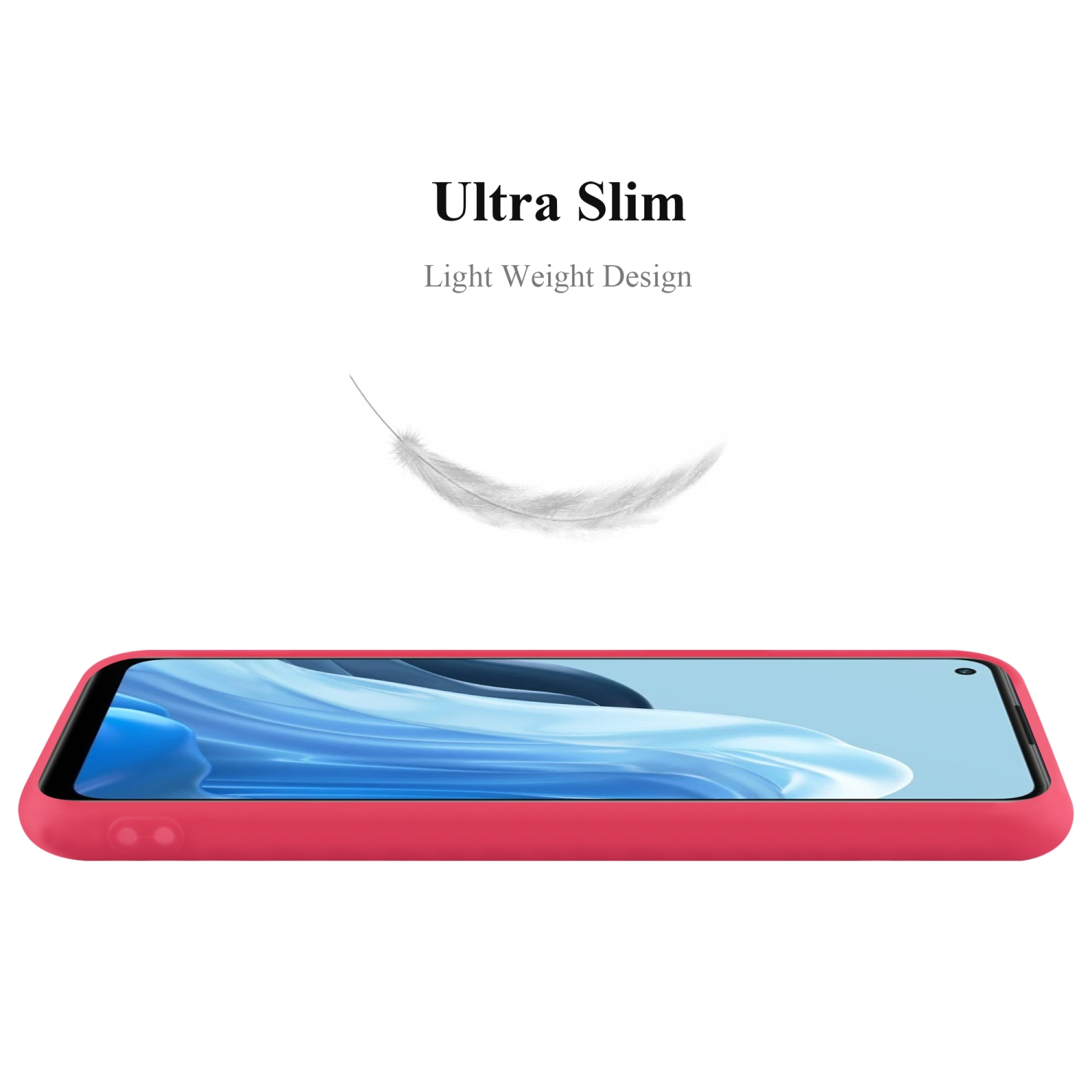 Custodia rossa per telefono, vista laterale, design leggero, con grafica a piuma.