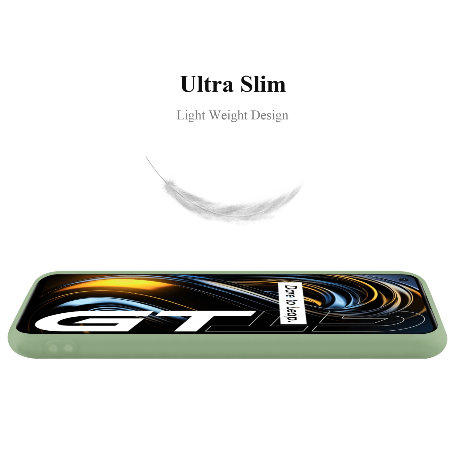 Eine grüne Handyhülle mit einem Telefon darin. Eine weiße Feder schwebt darüber. Die Hülle ist sehr schlank.