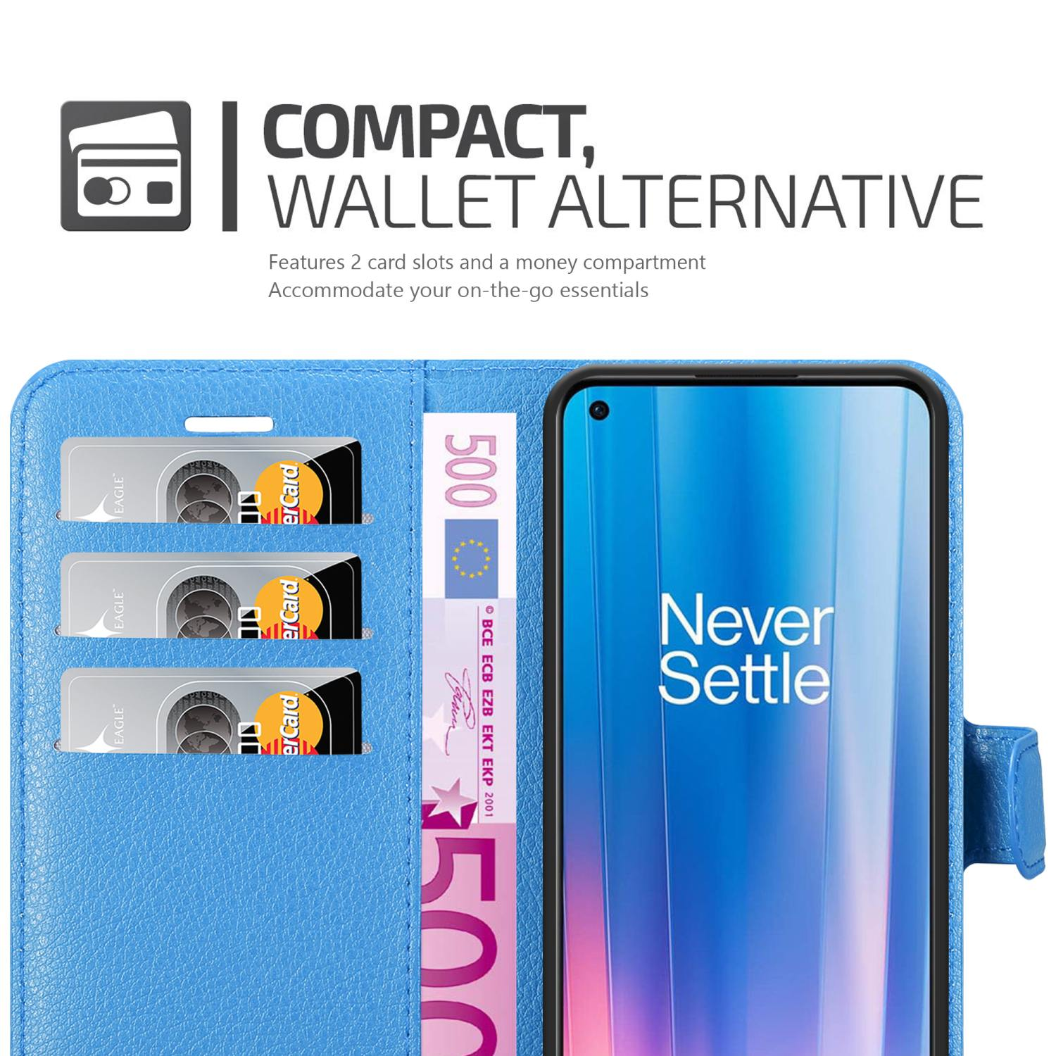 Custodia blu per telefono con carte e banconota da 500 euro. Testo: Alternativa portafoglio compatto.