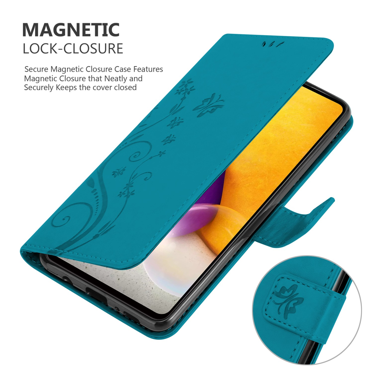 Custodia per telefono verde acqua, aperta per mostrare un telefono. Design floreale sul davanti, chiusura magnetica.