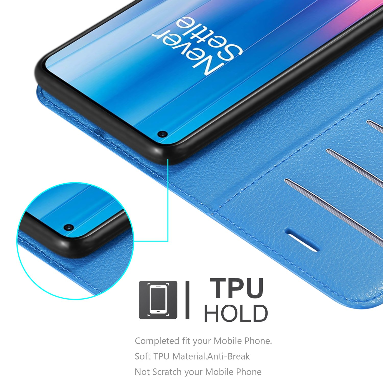 Custodia blu con telefono dentro. Il telefono è su sfondo blu.