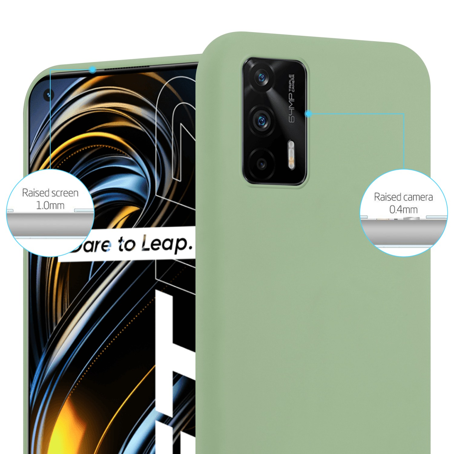 Grüne Handyhülle mit Telefon, Text und Diagramme zeigen Details wie Bildschirm und Kamera.