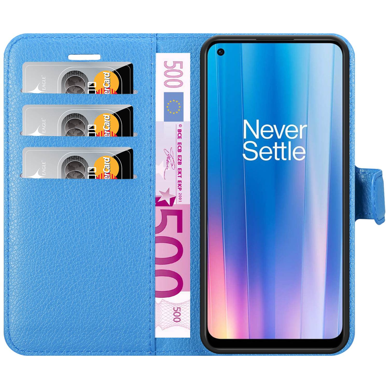 Portafoglio blu per telefono con telefono, carte e banconota da 500 euro.