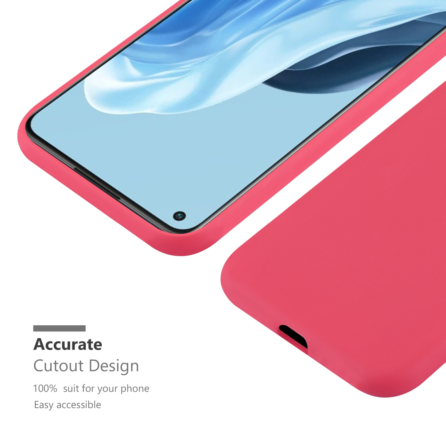 Custodia rossa per telefono con design preciso, su sfondo bianco, che mostra un telefono.