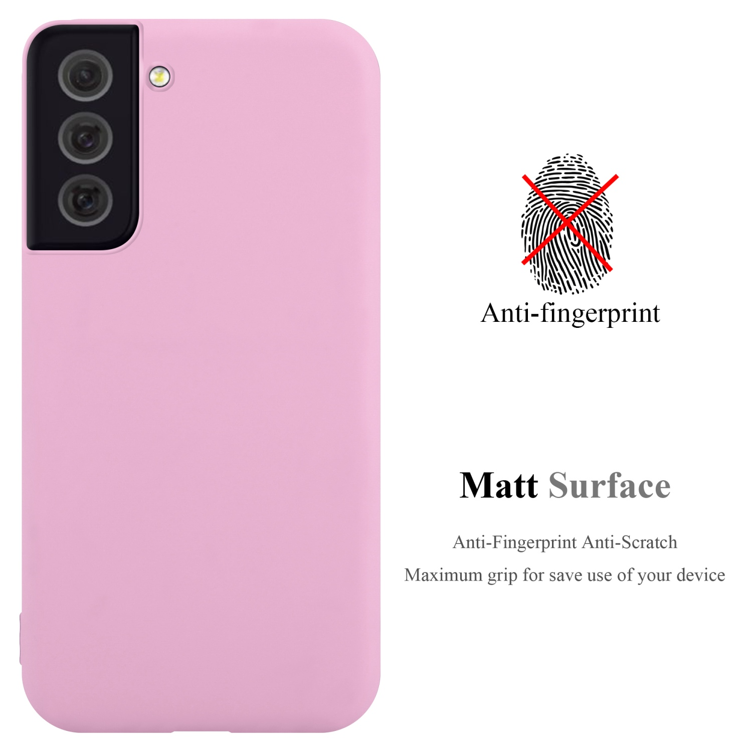 Rosa Handyhülle mit Dreifach-Kamera. Text: Anti-Fingerabdruck, matte Oberfläche und kratzfest.