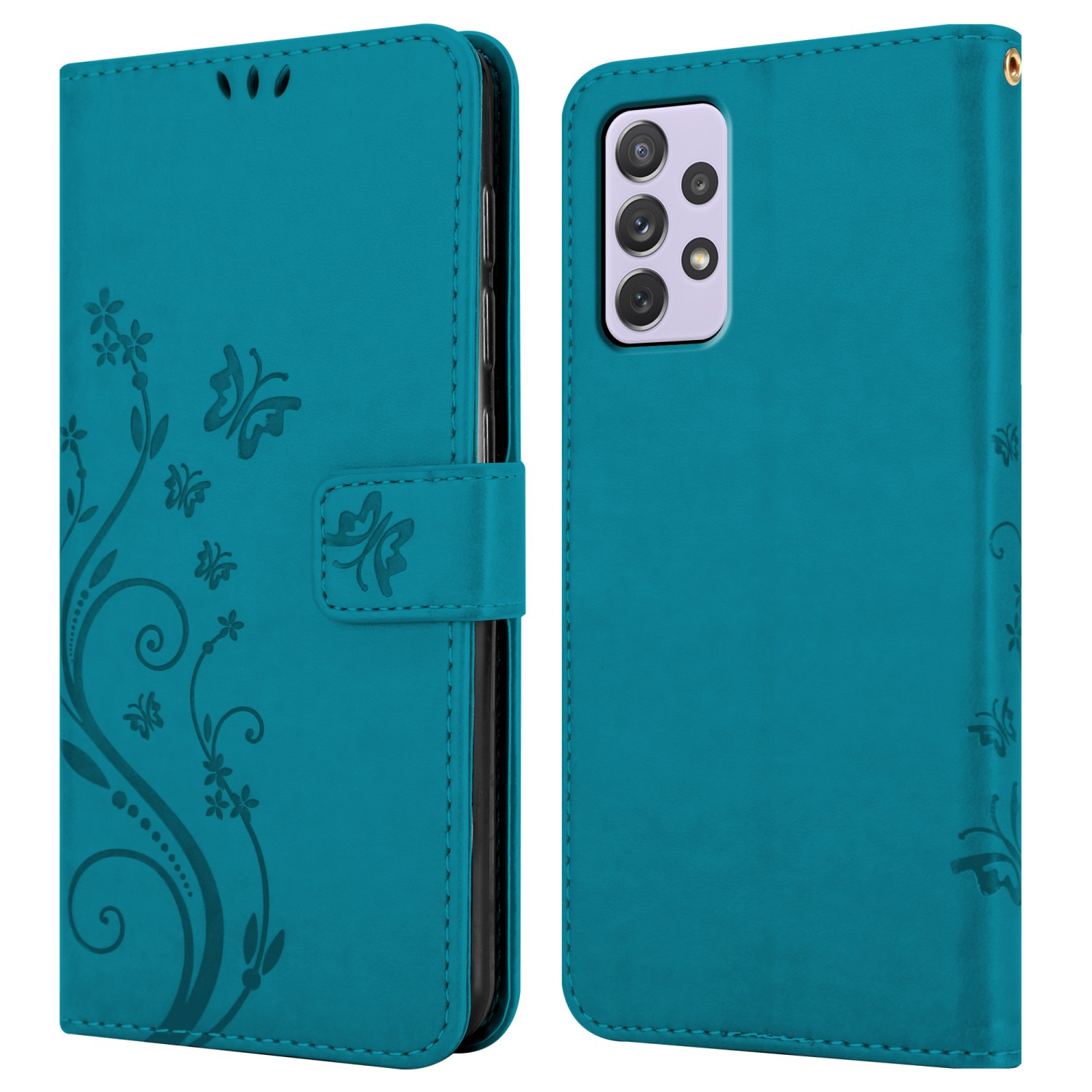 Custodia turchese con design floreale e farfalle. Copertina anteriore con fiori, retro turchese.