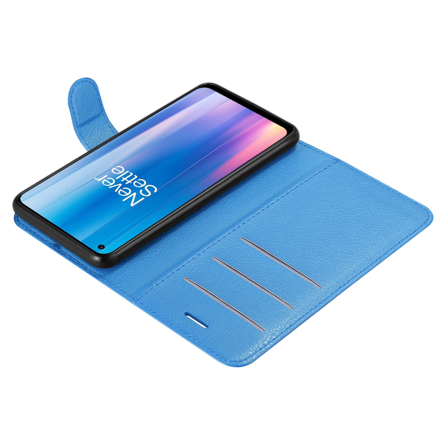 Custodia blu, aperta, che mostra un telefono con schermo blu e nero.