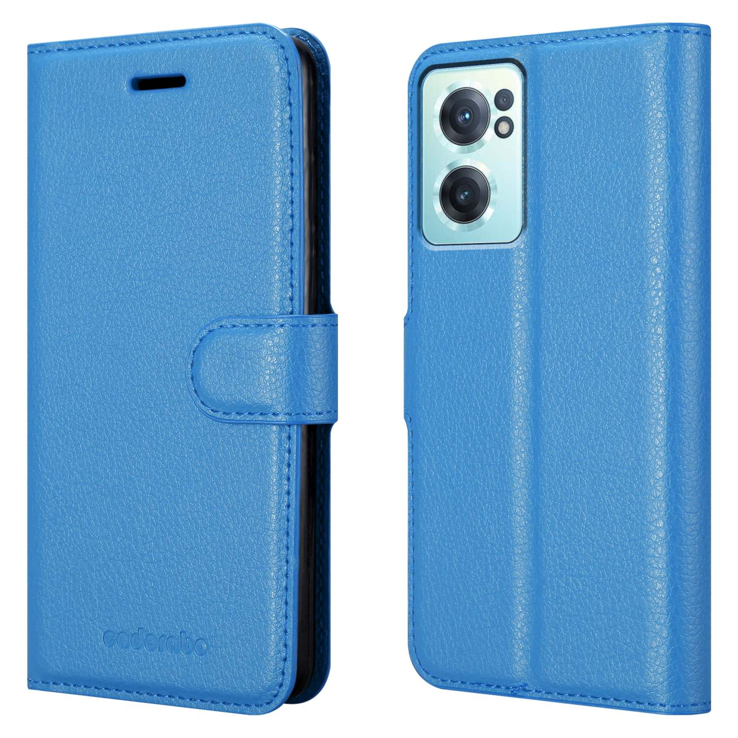 Custodia blu aperta. Il telefono è all'interno. Testo mostrato, con il marchio coderabo.