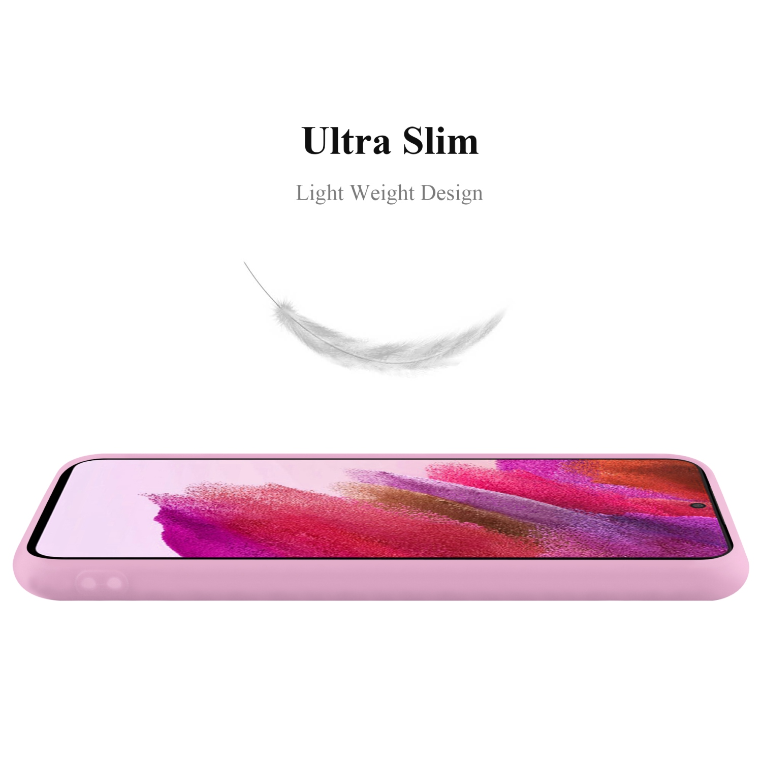Eine rosa Handyhülle mit einem Telefon darin und einer Feder.
