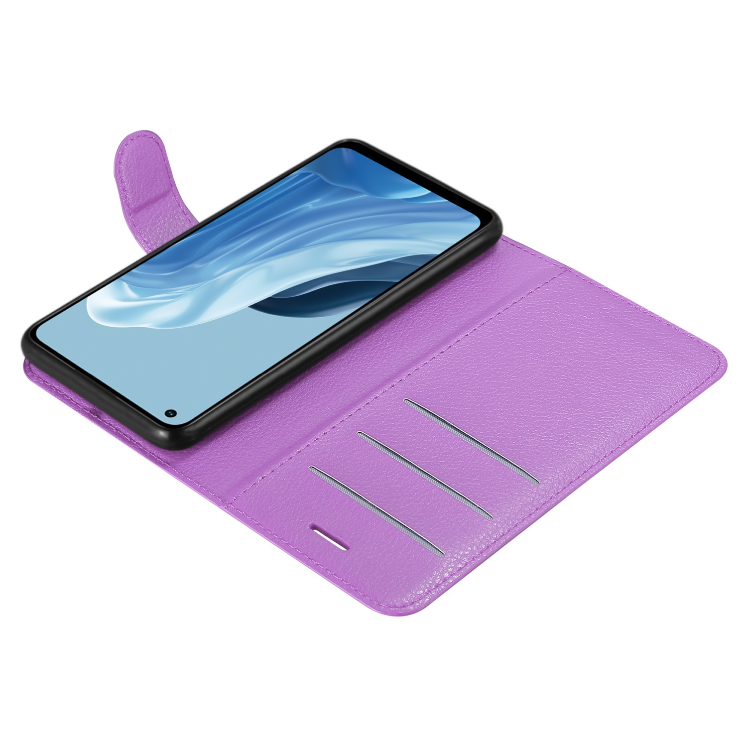 Eine violette Handyhülle mit Telefon. Die Hülle ist offen, mit Kartenfächern.