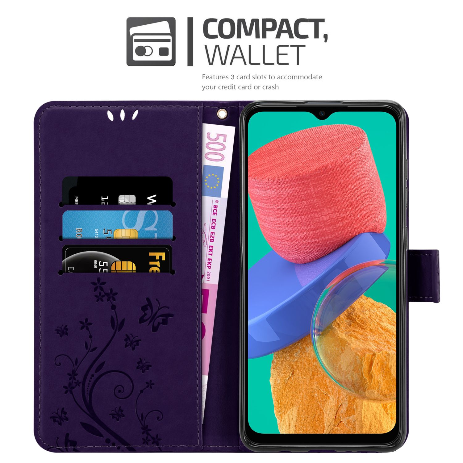 Custodia per telefono viola con carte e denaro visibili. Un telefono con schermo colorato è all'interno.