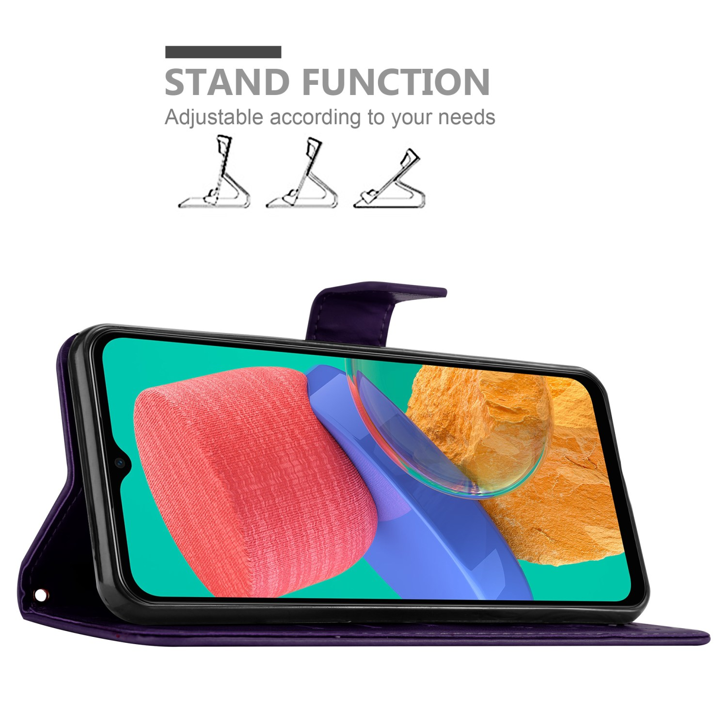 Una custodia per telefono viola aperta con un telefono all'interno, con le parole 'STAND FUNCTION' e illustrazioni.