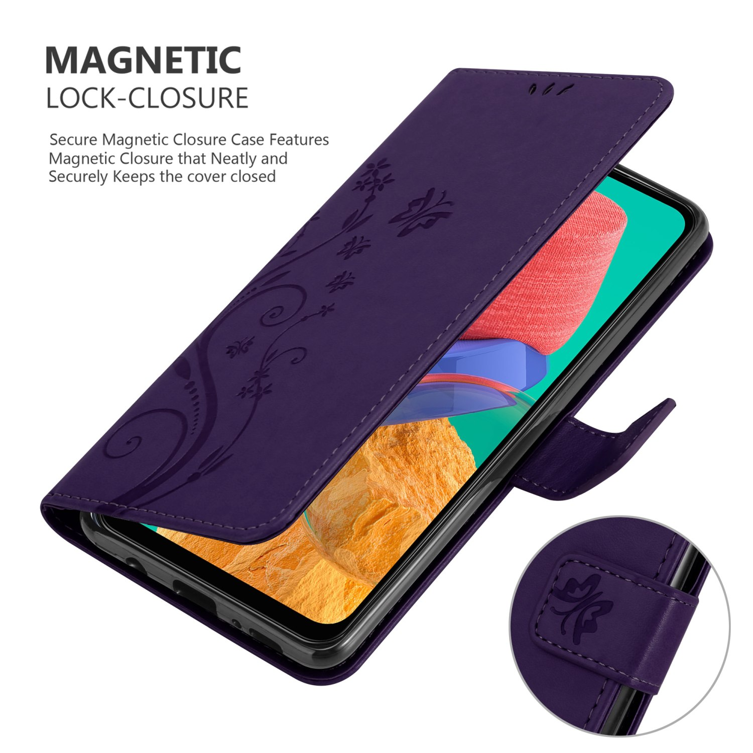 Custodia per telefono viola con design floreale, aperta e con telefono. Chiusura magnetica.