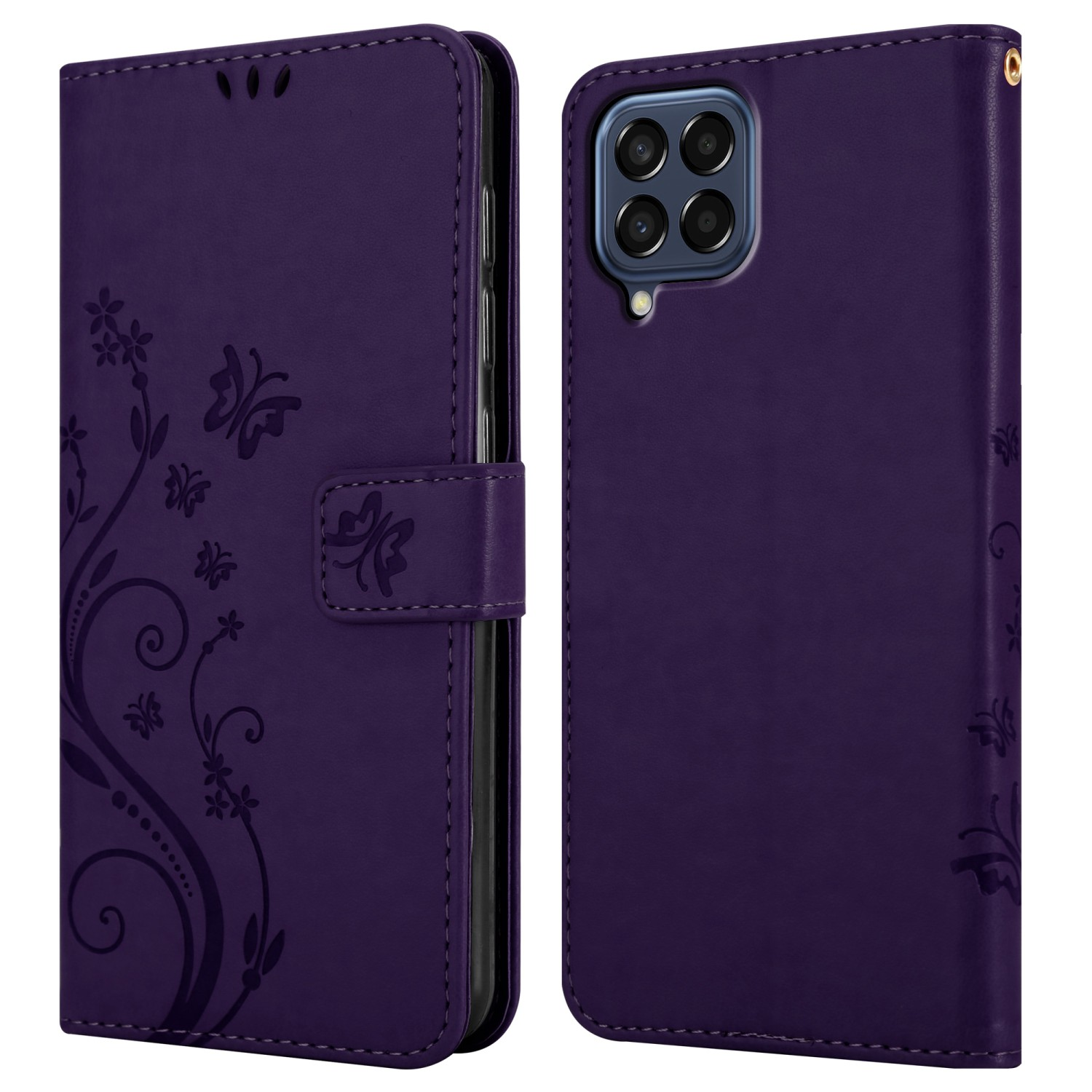 Custodia a portafoglio viola con design floreale, aperta. Telefono all'interno, con dettagli.